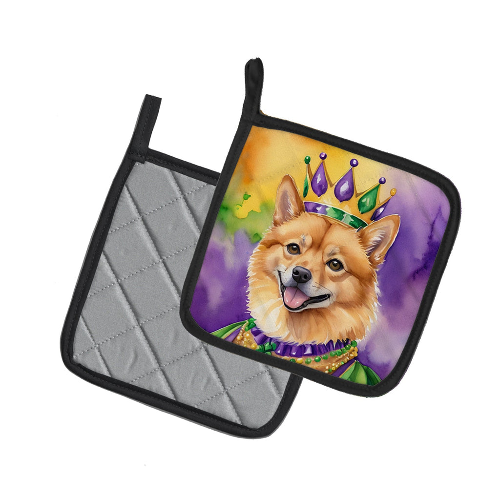 Finnish Spitz King of Mardi Gras Pot Holder Set of 2 Heat Resistant Quilted Hot Pads 7.5 x 7.5 Inch, Insulated Kitchen Trivets for Cooking & Baking