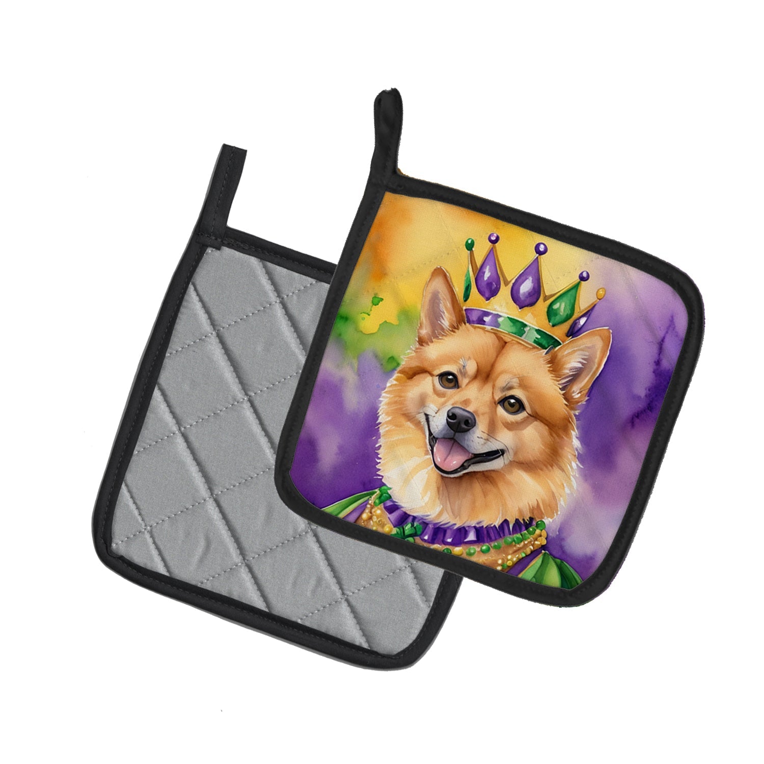 Finnish Spitz King of Mardi Gras Pot Holder Set of 2 Heat Resistant Quilted Hot Pads 7.5 x 7.5 Inch, Insulated Kitchen Trivets for Cooking & Baking