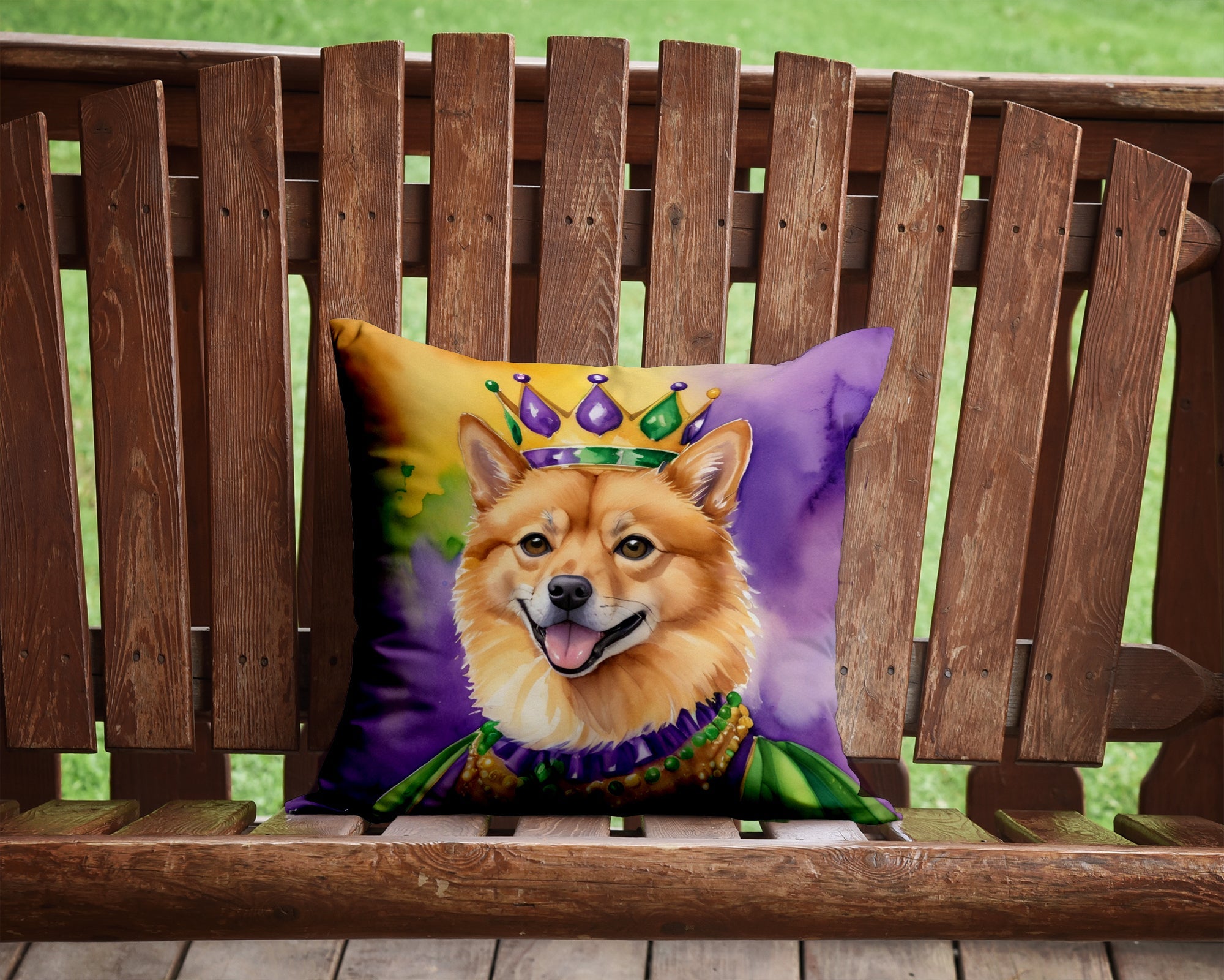Finnish Spitz King of Mardi Gras Decorative Throw Pillow 14x14 Indoor Outdoor Accent Cushion, Fabric Cover with Insert for Sofa, Bed, Porch & Living Room