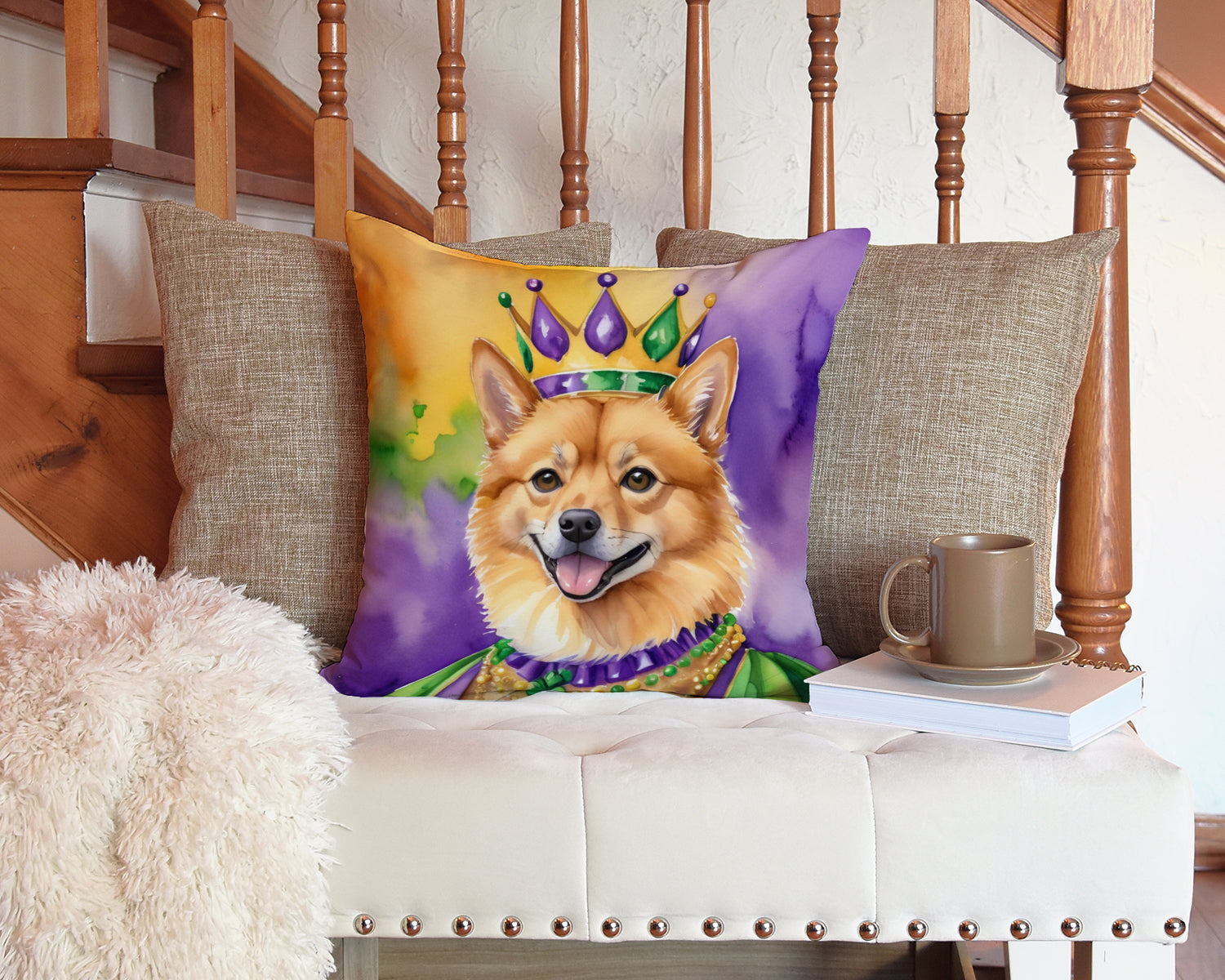 Finnish Spitz King of Mardi Gras Decorative Throw Pillow 14x14 Indoor Outdoor Accent Cushion, Fabric Cover with Insert for Sofa, Bed, Porch & Living Room
