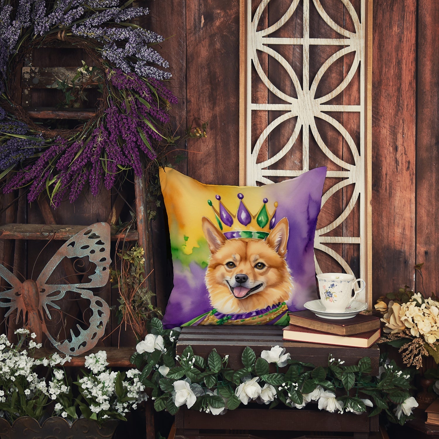 Finnish Spitz King of Mardi Gras Decorative Throw Pillow 14x14 Indoor Outdoor Accent Cushion, Fabric Cover with Insert for Sofa, Bed, Porch & Living Room