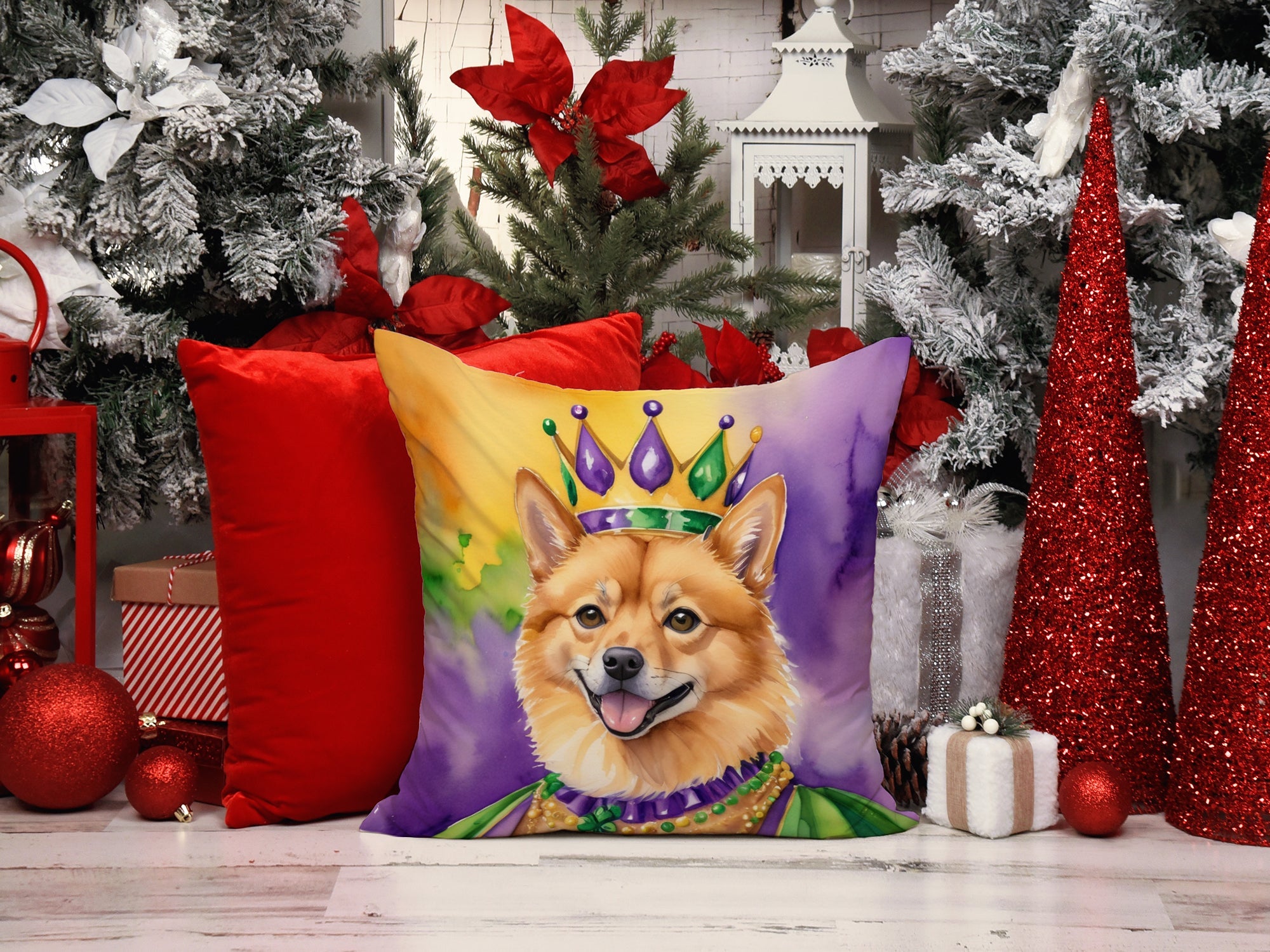 Finnish Spitz King of Mardi Gras Decorative Throw Pillow 14x14 Indoor Outdoor Accent Cushion, Fabric Cover with Insert for Sofa, Bed, Porch & Living Room