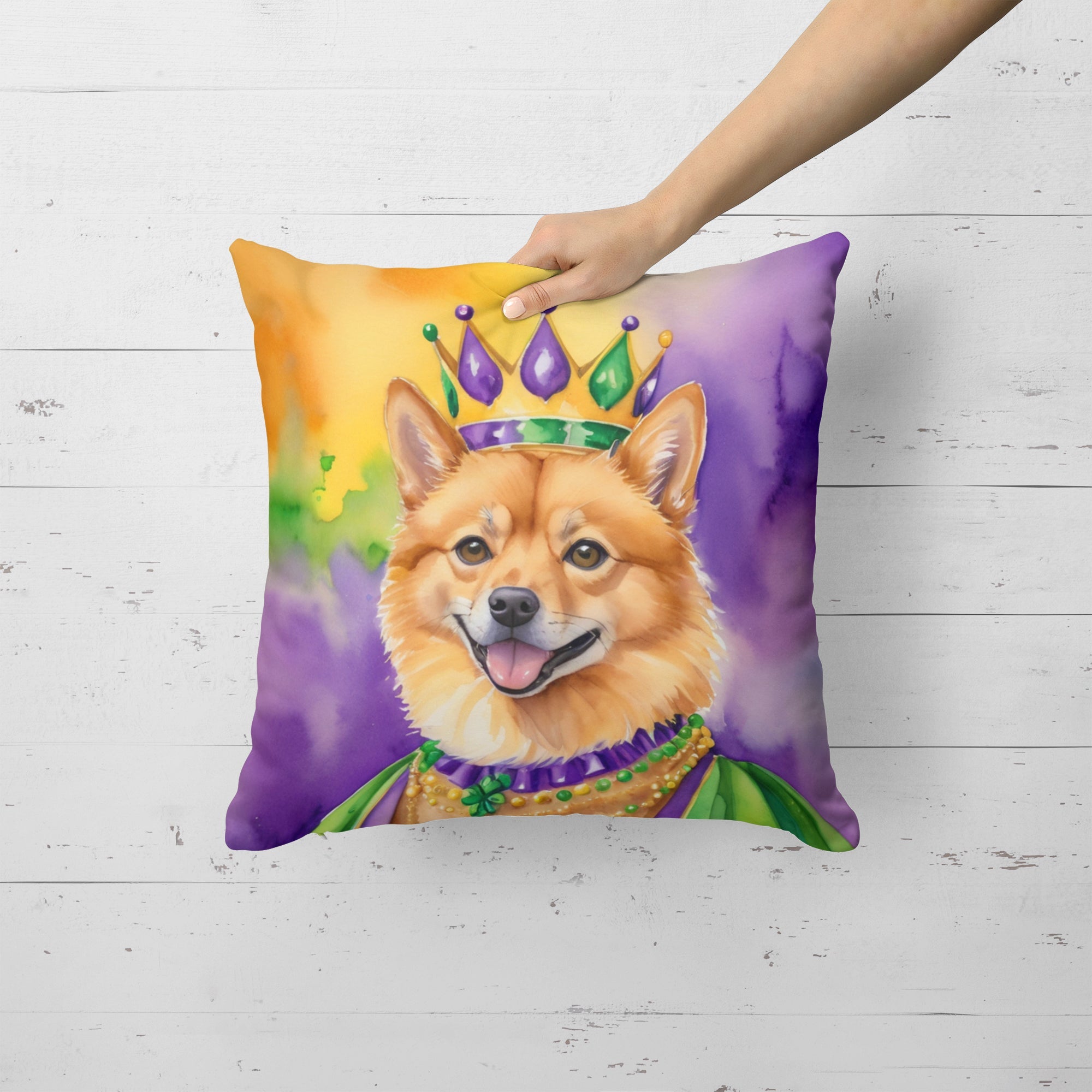 Finnish Spitz King of Mardi Gras Decorative Throw Pillow 18x18 Indoor Outdoor Accent Cushion, Fabric Cover with Insert for Sofa, Bed, Porch & Living Room