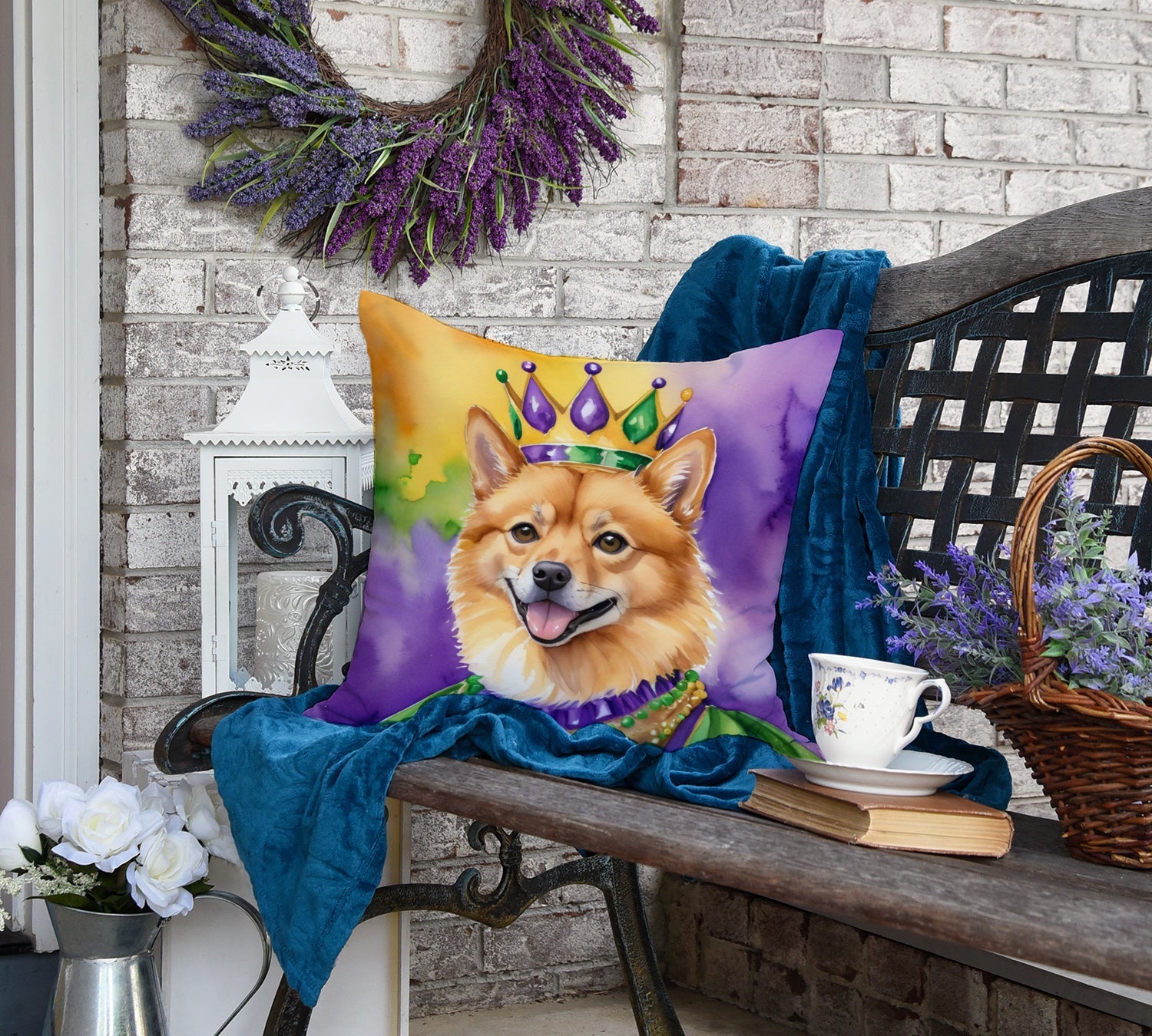 Finnish Spitz King of Mardi Gras Decorative Throw Pillow 18x18 Indoor Outdoor Accent Cushion, Fabric Cover with Insert for Sofa, Bed, Porch & Living Room