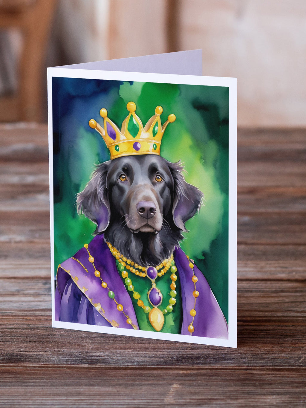 Flat-Coated Retriever King of Mardi Gras Greeting Cards Pack of 8 Blank Cards with Envelopes Whimsical A7 Size 5x7
