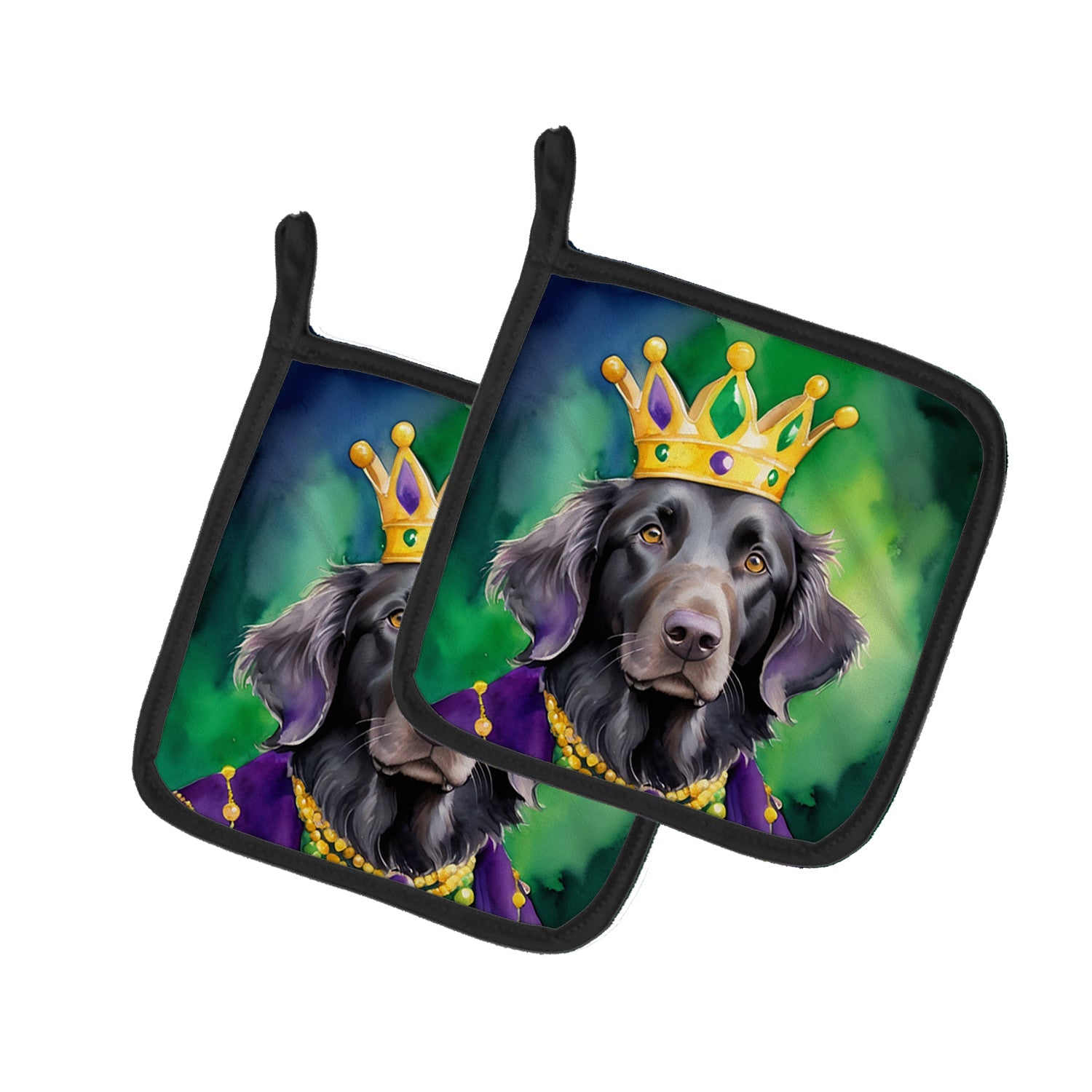 Flat-Coated Retriever King of Mardi Gras Pot Holder Set of 2 Heat Resistant Quilted Hot Pads 7.5 x 7.5 Inch, Insulated Kitchen Trivets for Cooking & Baking