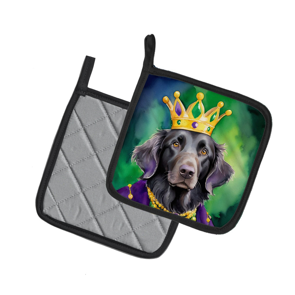 Flat-Coated Retriever King of Mardi Gras Pot Holder Set of 2 Heat Resistant Quilted Hot Pads 7.5 x 7.5 Inch, Insulated Kitchen Trivets for Cooking & Baking