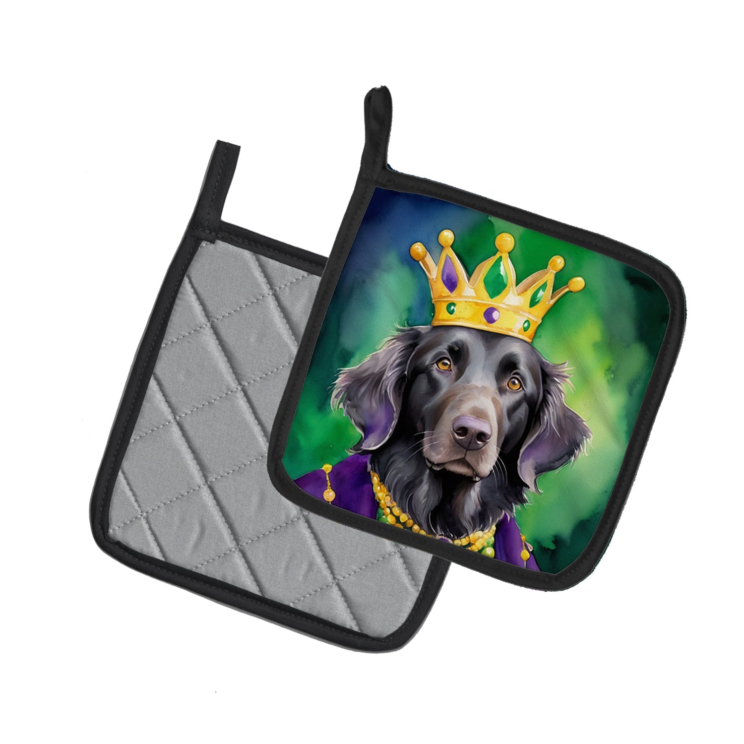 Flat-Coated Retriever King of Mardi Gras Pot Holder Set of 2 Heat Resistant Quilted Hot Pads 7.5 x 7.5 Inch, Insulated Kitchen Trivets for Cooking & Baking
