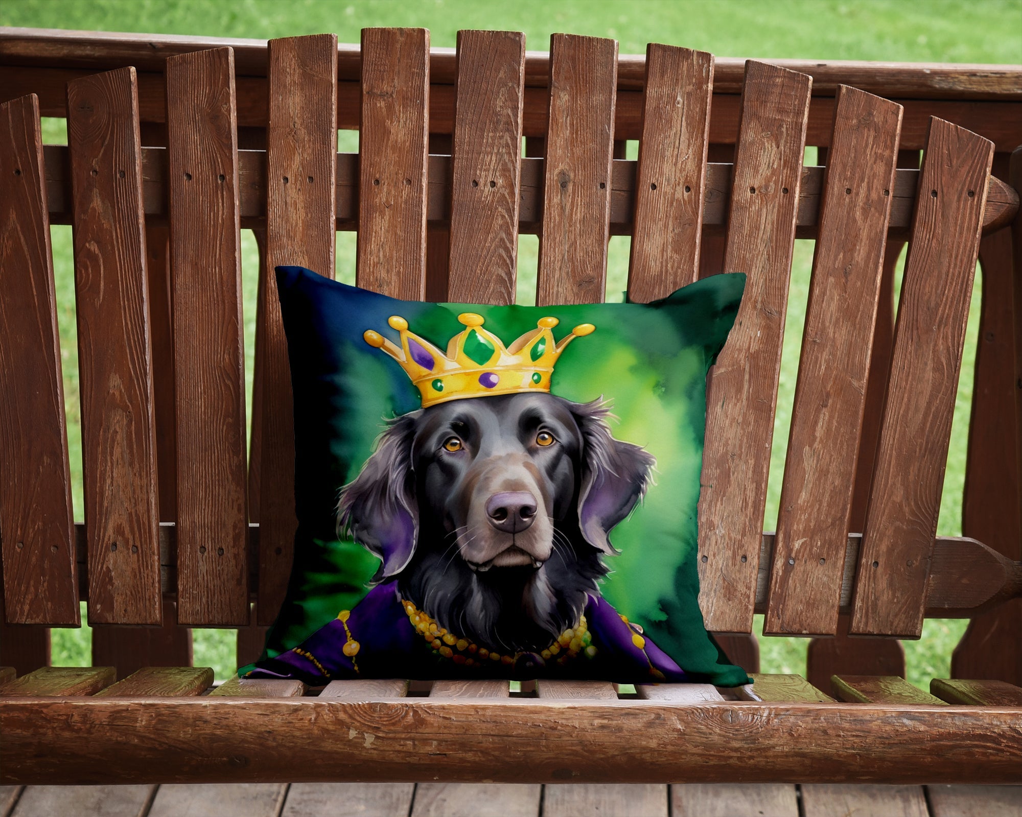 Flat-Coated Retriever King of Mardi Gras Decorative Throw Pillow 14x14 Indoor Outdoor Accent Cushion, Fabric Cover with Insert for Sofa, Bed, Porch & Living Room