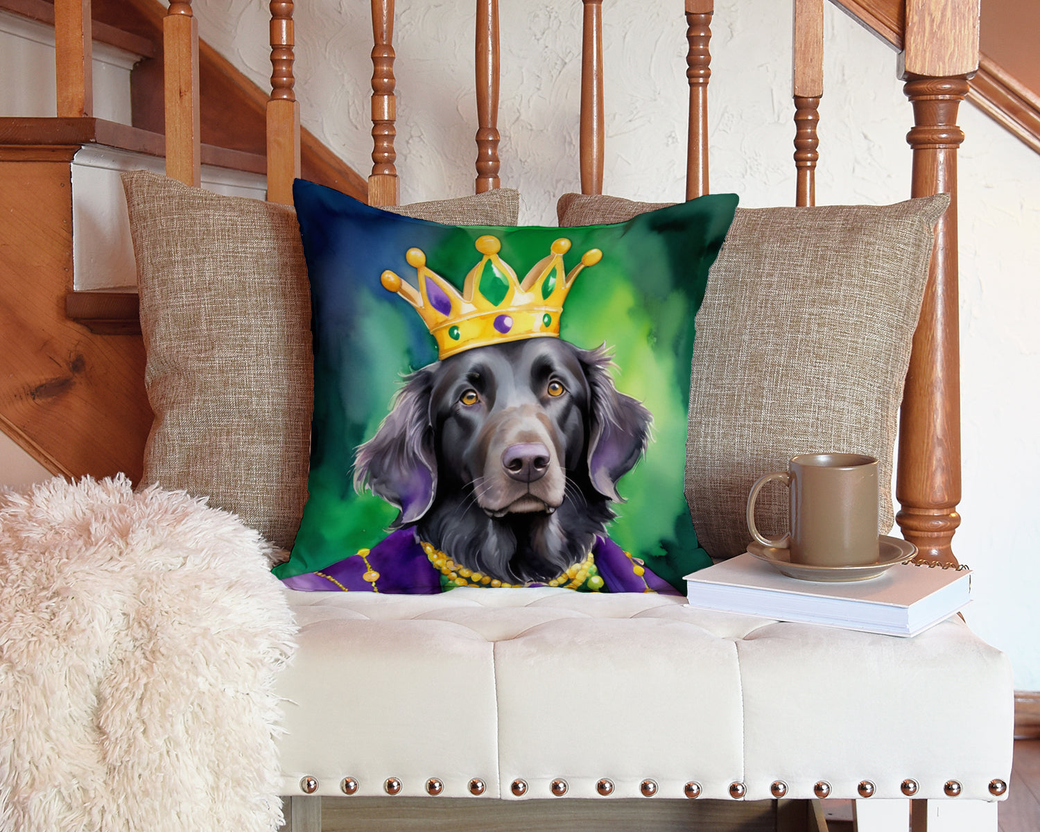 Flat-Coated Retriever King of Mardi Gras Decorative Throw Pillow 14x14 Indoor Outdoor Accent Cushion, Fabric Cover with Insert for Sofa, Bed, Porch & Living Room
