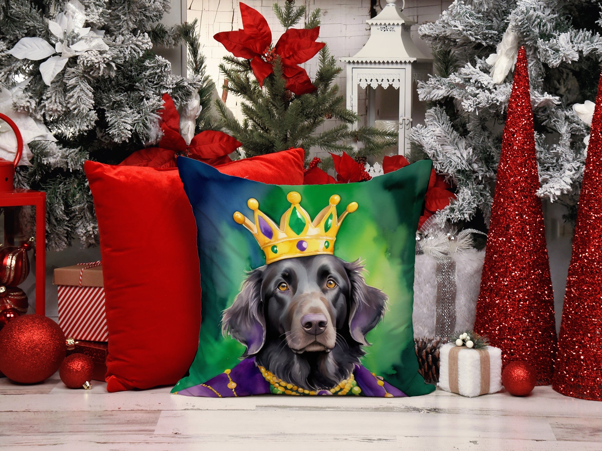 Flat-Coated Retriever King of Mardi Gras Decorative Throw Pillow 14x14 Indoor Outdoor Accent Cushion, Fabric Cover with Insert for Sofa, Bed, Porch & Living Room