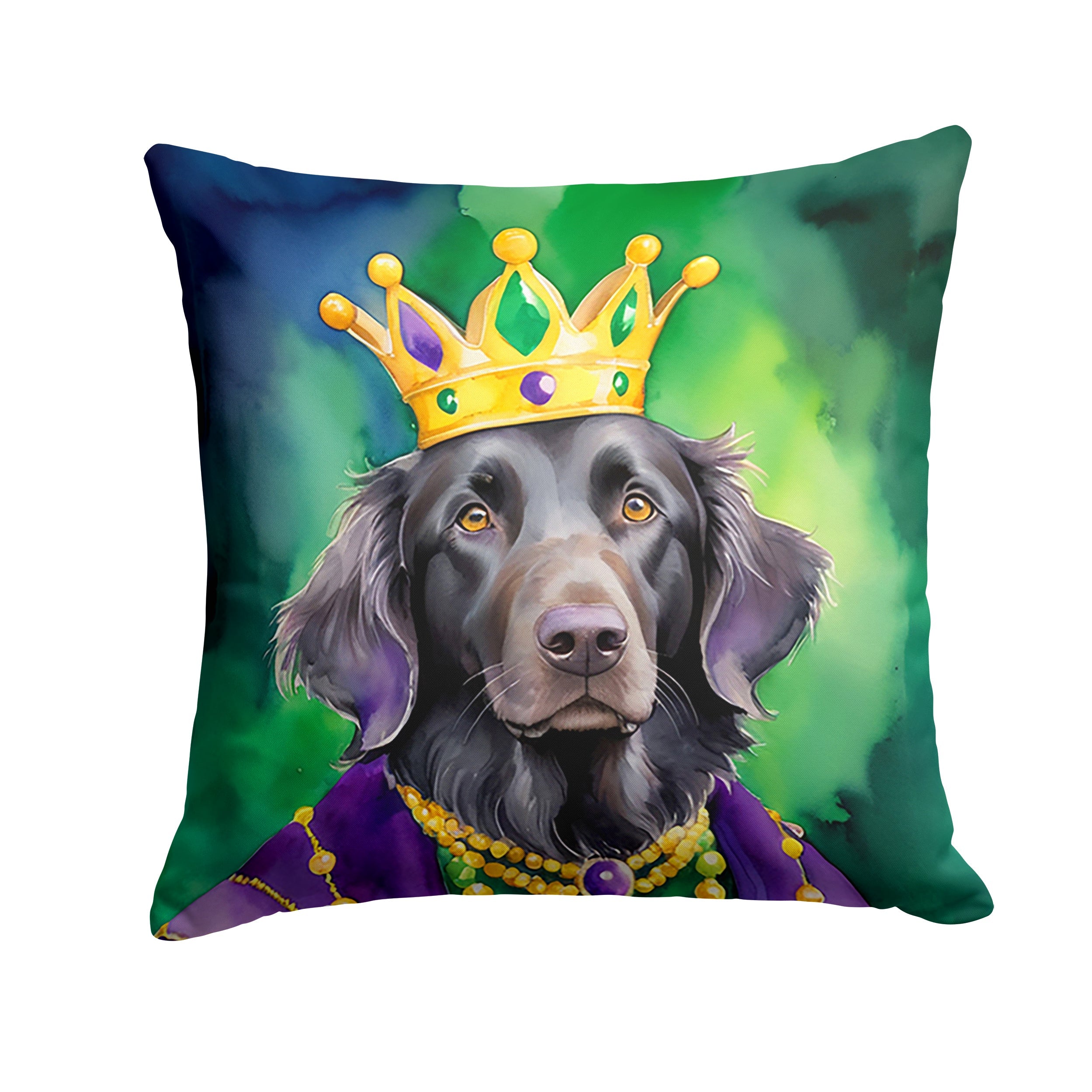 Flat-Coated Retriever King of Mardi Gras Decorative Throw Pillow 18x18 Indoor Outdoor Accent Cushion, Fabric Cover with Insert for Sofa, Bed, Porch & Living Room