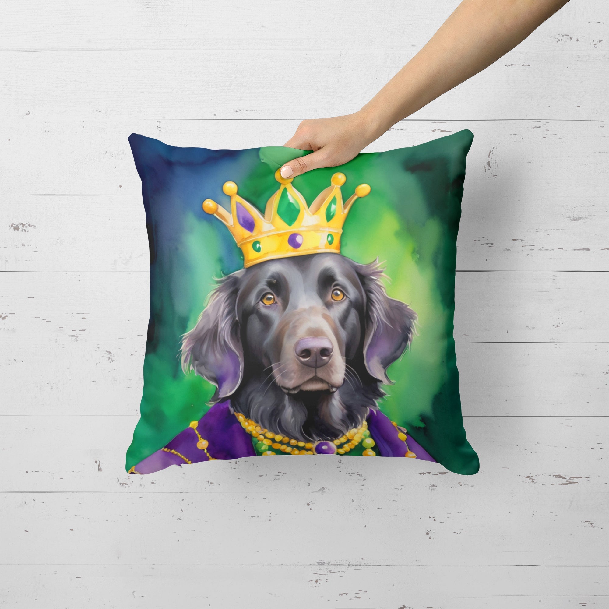 Flat-Coated Retriever King of Mardi Gras Decorative Throw Pillow 18x18 Indoor Outdoor Accent Cushion, Fabric Cover with Insert for Sofa, Bed, Porch & Living Room