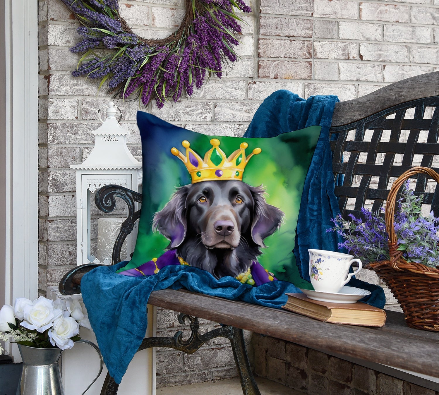 Flat-Coated Retriever King of Mardi Gras Decorative Throw Pillow 18x18 Indoor Outdoor Accent Cushion, Fabric Cover with Insert for Sofa, Bed, Porch & Living Room
