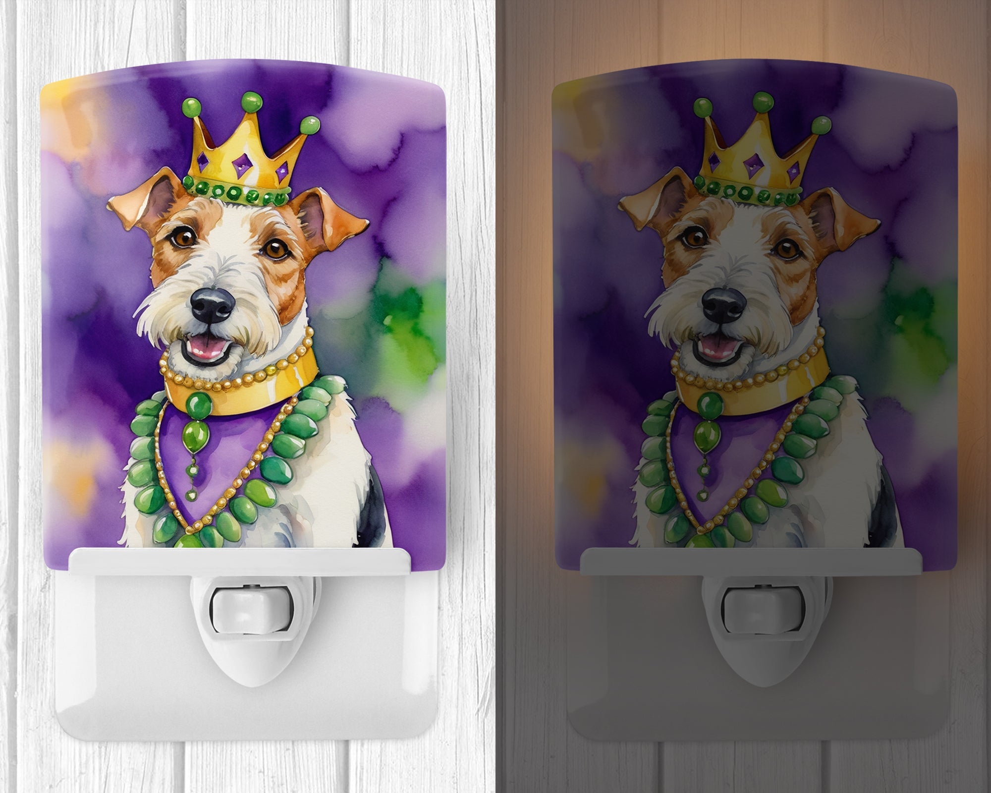 Fox Terrier King of Mardi Gras Ceramic Night Light Compact, UL-Certified, Ideal for Bedroom, Bathroom, Nursery, Hallway, Kitchen, 6x4x3, Multicolor