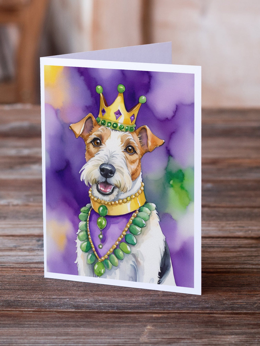Fox Terrier King of Mardi Gras Greeting Cards Pack of 8 Blank Cards with Envelopes Whimsical A7 Size 5x7