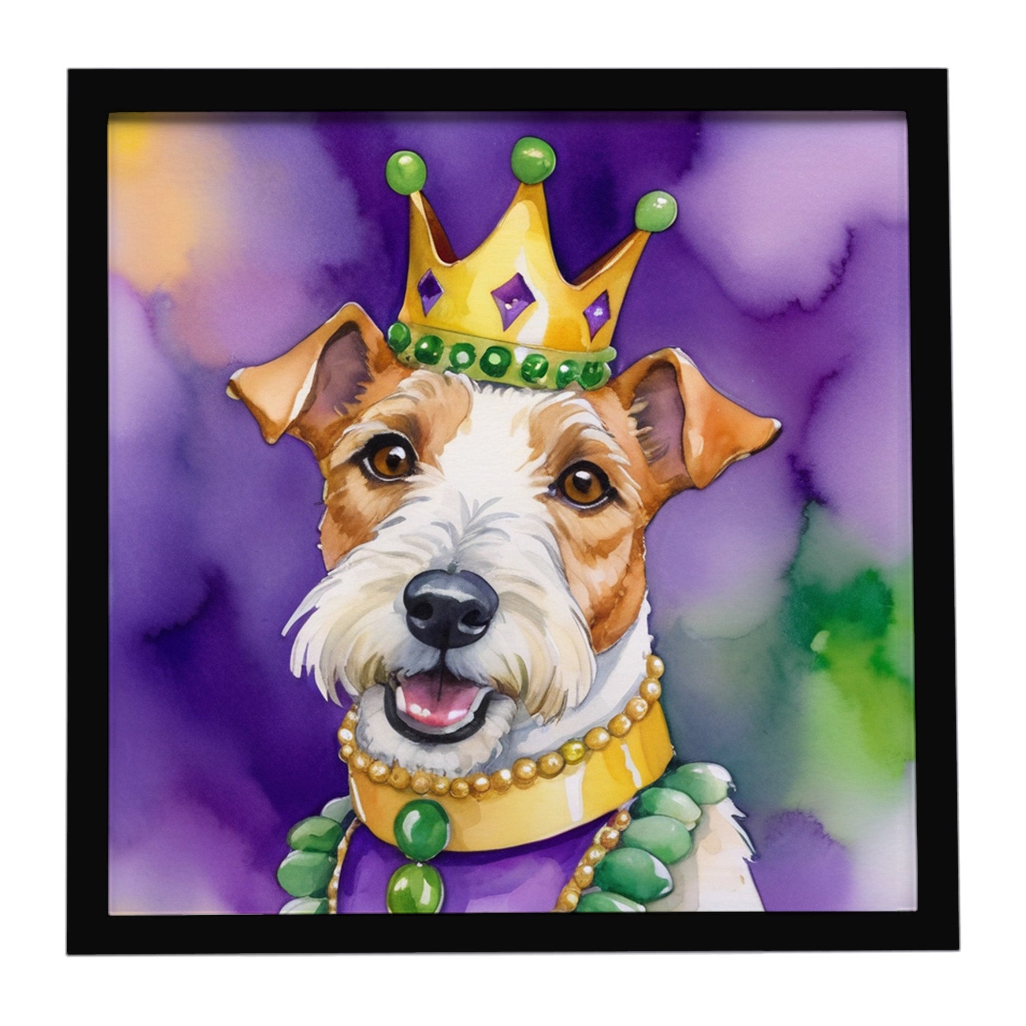 Fox Terrier King of Mardi Gras Framed Metal Print Bathroom, Kitchen, Office, Home Decor Wall Art Ready to Hang, Square, 8X8