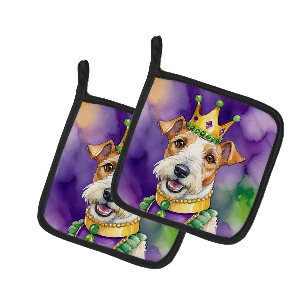 Fox Terrier King of Mardi Gras Pot Holder Set of 2 Heat Resistant Quilted Hot Pads 7.5 x 7.5 Inch, Insulated Kitchen Trivets for Cooking & Baking