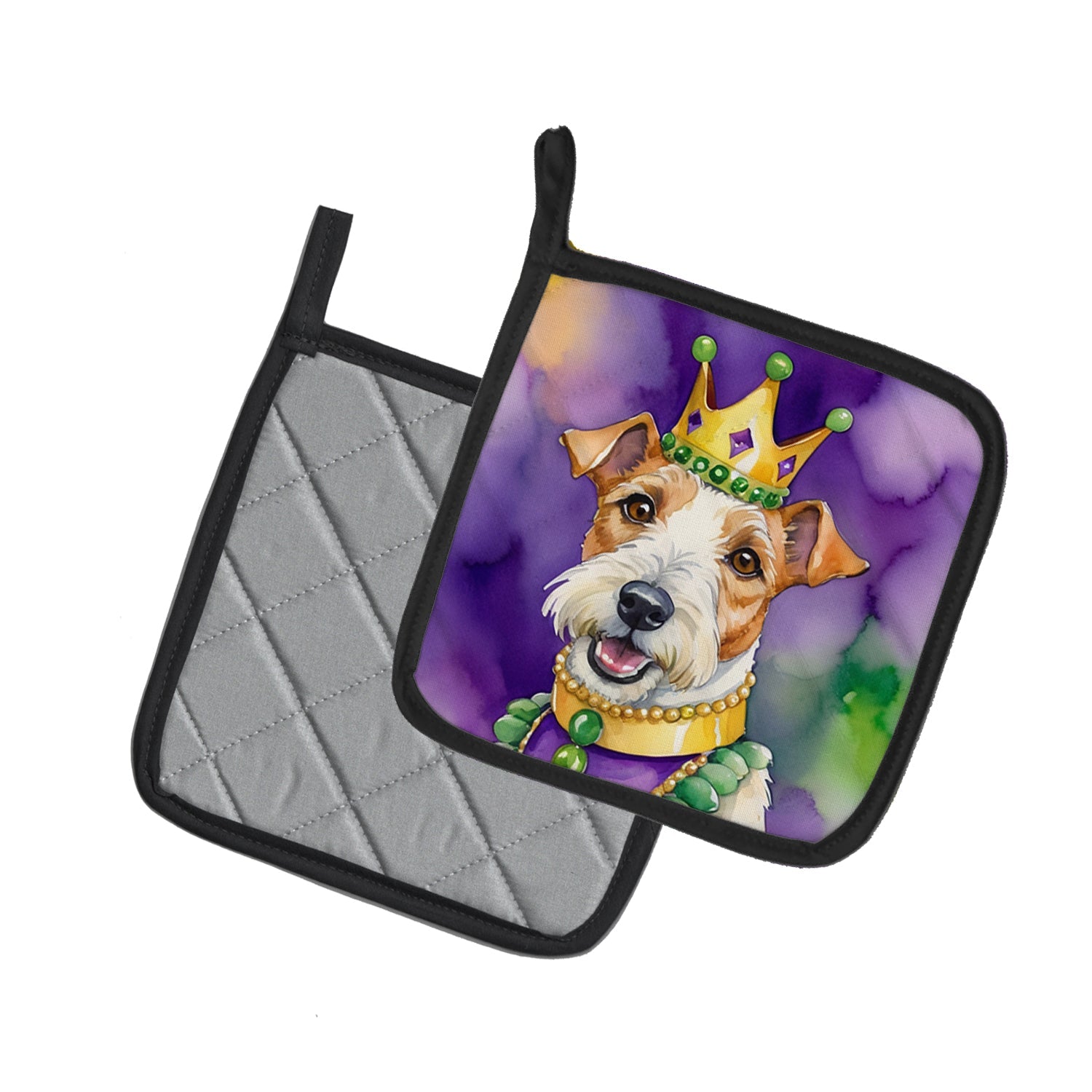 Fox Terrier King of Mardi Gras Pot Holder Set of 2 Heat Resistant Quilted Hot Pads 7.5 x 7.5 Inch, Insulated Kitchen Trivets for Cooking & Baking