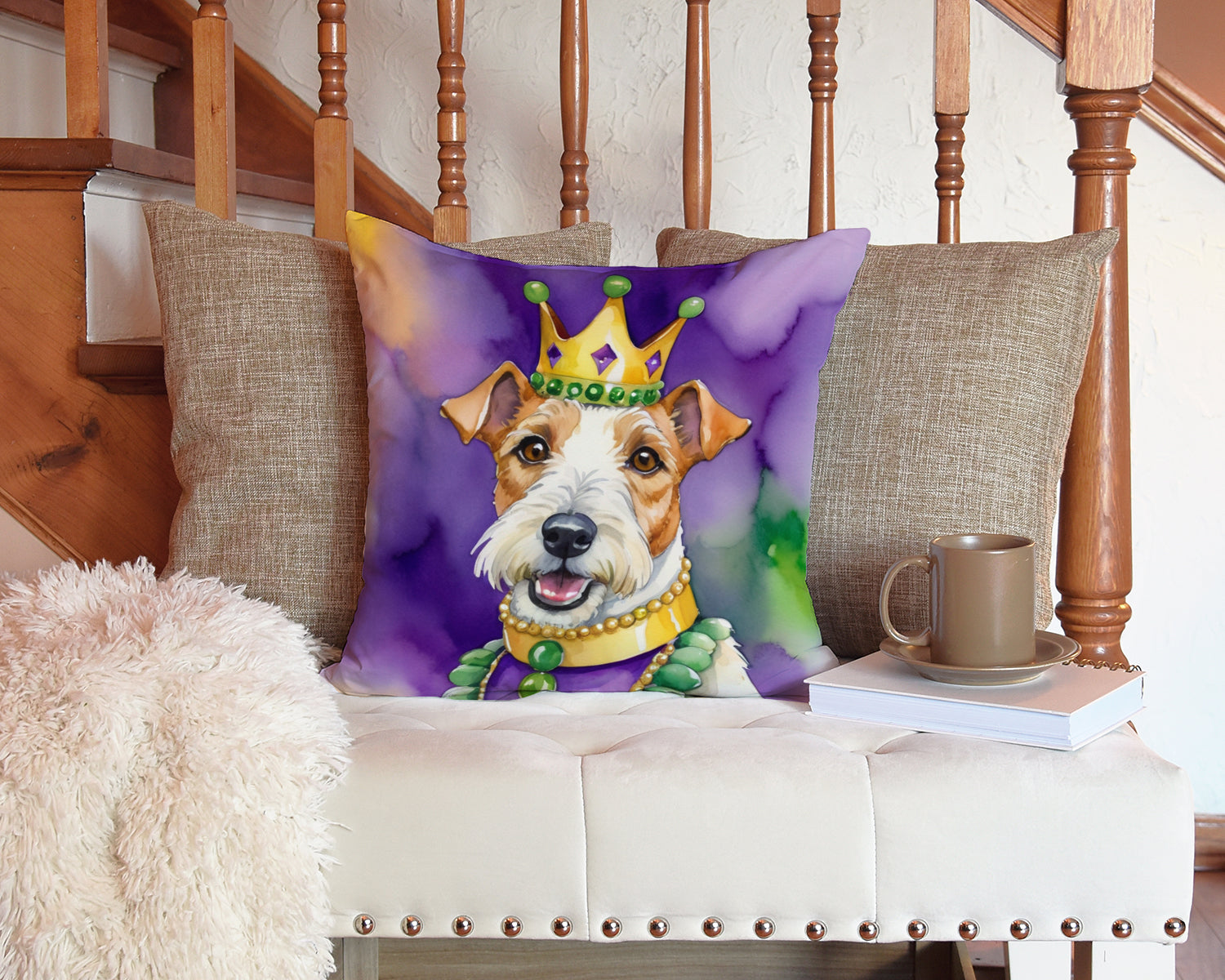 Fox Terrier King of Mardi Gras Decorative Throw Pillow 14x14 Indoor Outdoor Accent Cushion, Fabric Cover with Insert for Sofa, Bed, Porch & Living Room