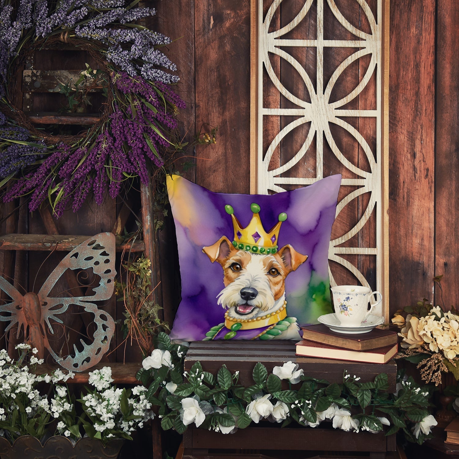 Fox Terrier King of Mardi Gras Decorative Throw Pillow 18x18 Indoor Outdoor Accent Cushion, Fabric Cover with Insert for Sofa, Bed, Porch & Living Room