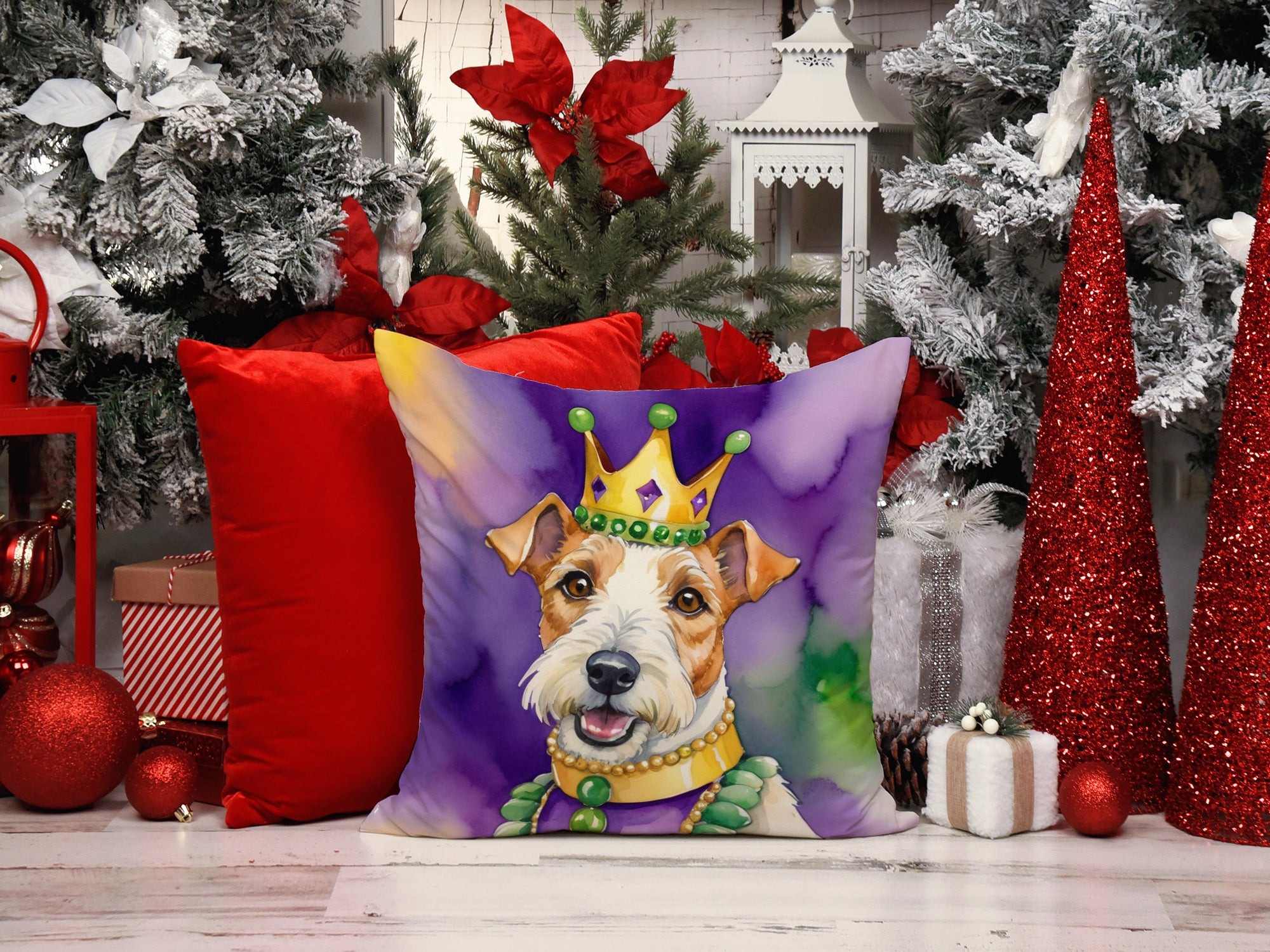 Fox Terrier King of Mardi Gras Decorative Throw Pillow 18x18 Indoor Outdoor Accent Cushion, Fabric Cover with Insert for Sofa, Bed, Porch & Living Room
