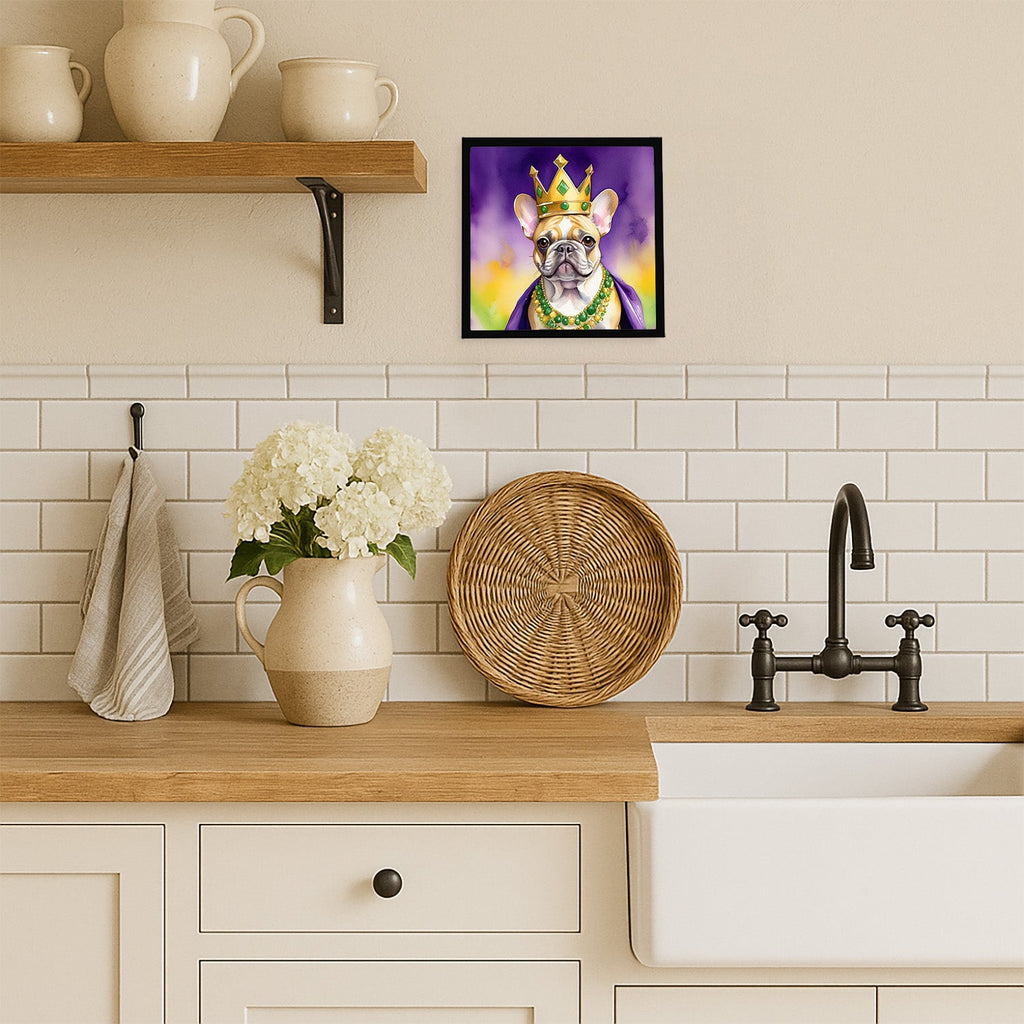 French Bulldog King of Mardi Gras Framed Metal Print Bathroom, Kitchen, Office, Home Decor Wall Art Ready to Hang, Square, 8X8