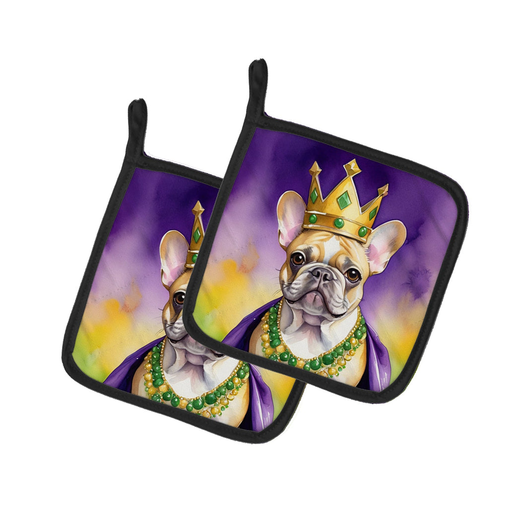 French Bulldog King of Mardi Gras Pot Holder Set of 2 Heat Resistant Quilted Hot Pads 7.5 x 7.5 Inch, Insulated Kitchen Trivets for Cooking & Baking