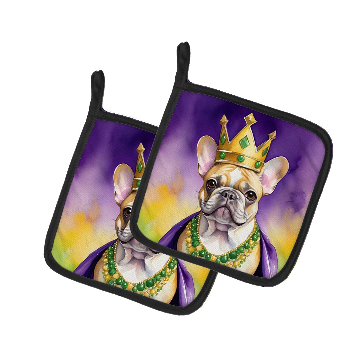 French Bulldog King of Mardi Gras Pot Holder Set of 2 Heat Resistant Quilted Hot Pads 7.5 x 7.5 Inch, Insulated Kitchen Trivets for Cooking & Baking