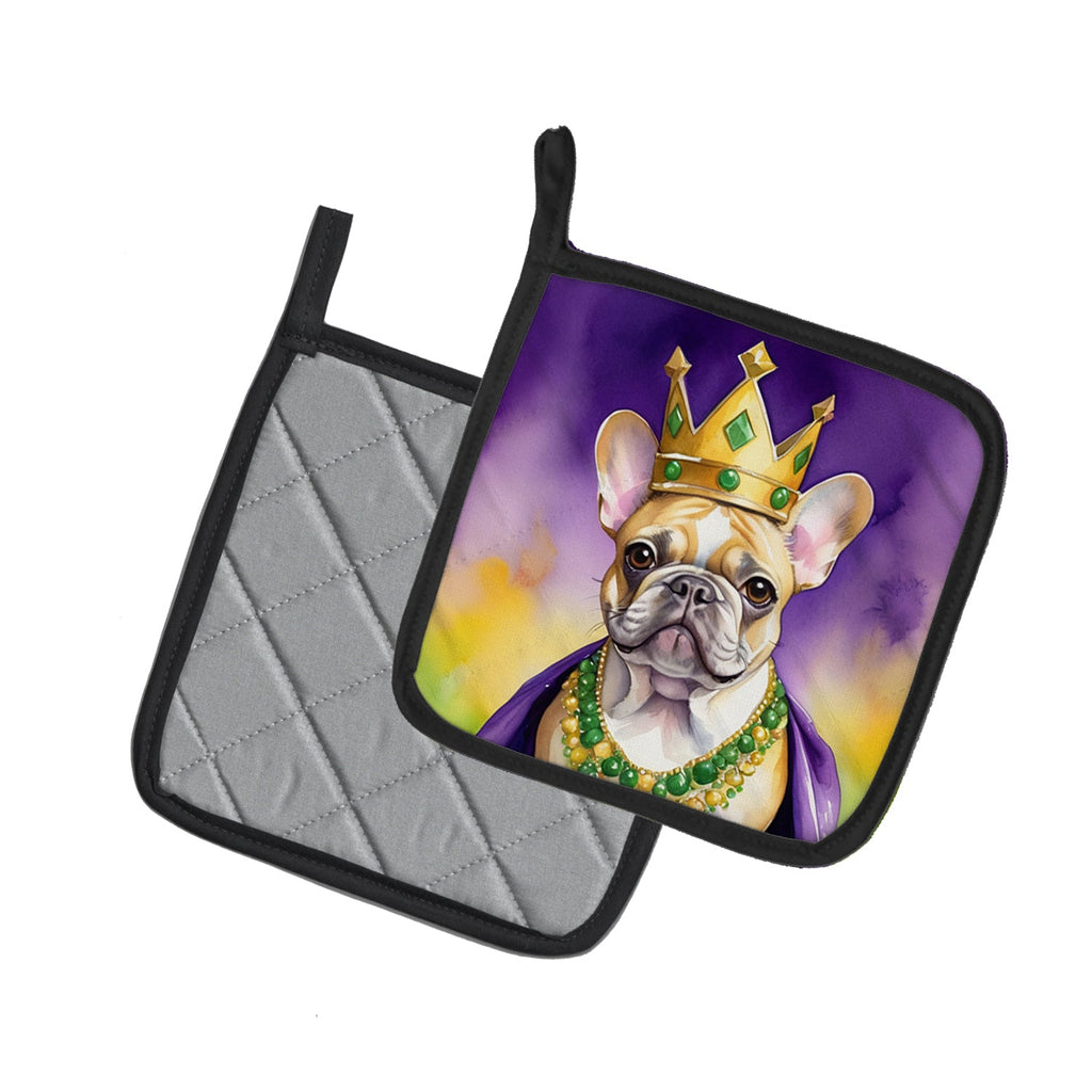 French Bulldog King of Mardi Gras Pot Holder Set of 2 Heat Resistant Quilted Hot Pads 7.5 x 7.5 Inch, Insulated Kitchen Trivets for Cooking & Baking