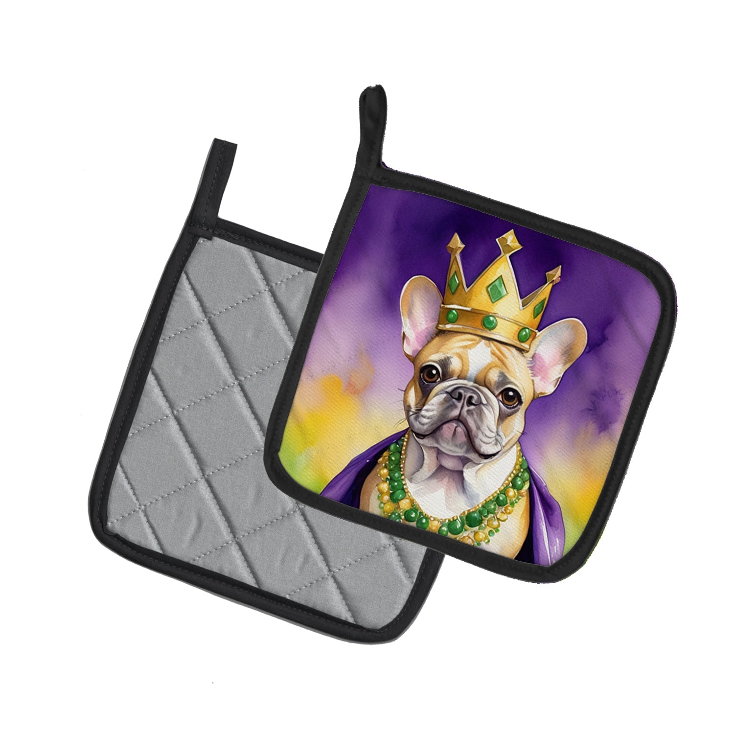 French Bulldog King of Mardi Gras Pot Holder Set of 2 Heat Resistant Quilted Hot Pads 7.5 x 7.5 Inch, Insulated Kitchen Trivets for Cooking & Baking
