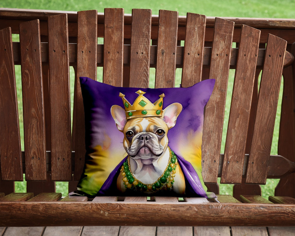 French Bulldog King of Mardi Gras Decorative Throw Pillow 14x14 Indoor Outdoor Accent Cushion, Fabric Cover with Insert for Sofa, Bed, Porch & Living Room