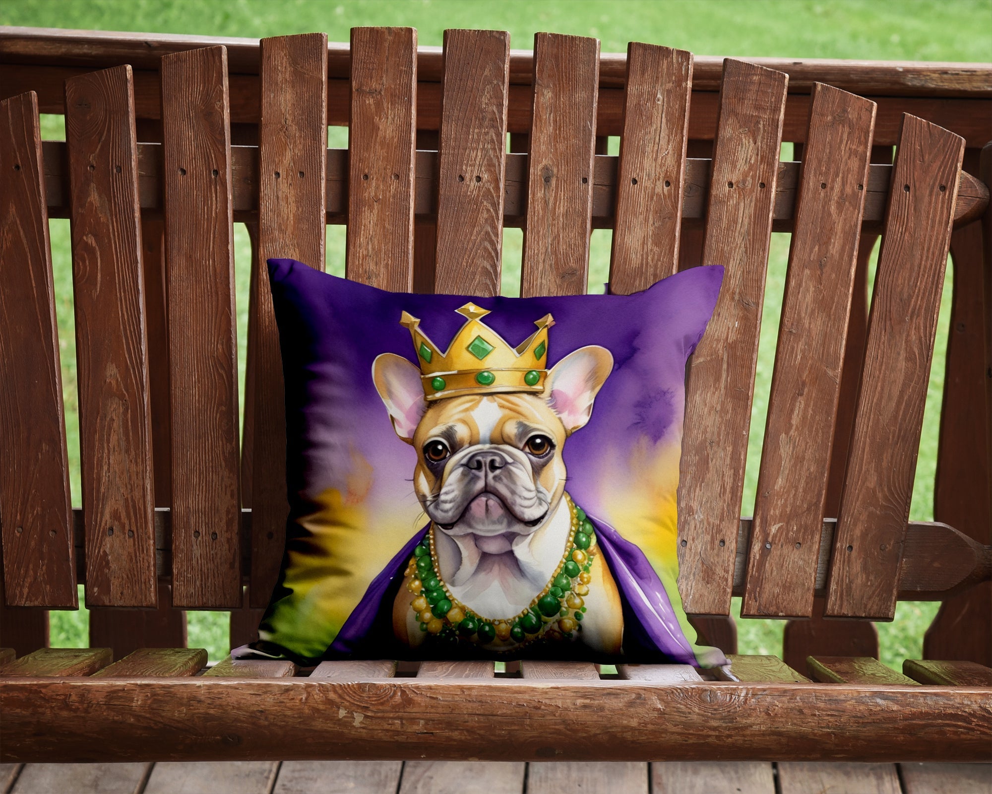 French Bulldog King of Mardi Gras Decorative Throw Pillow 14x14 Indoor Outdoor Accent Cushion, Fabric Cover with Insert for Sofa, Bed, Porch & Living Room