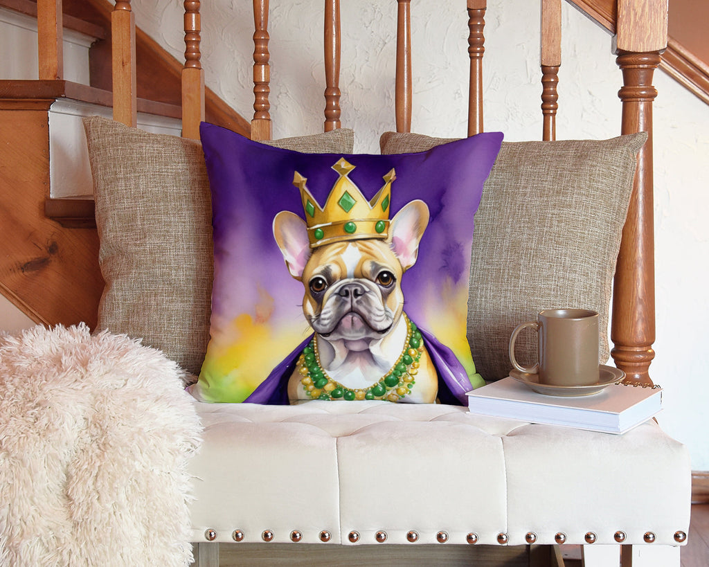 French Bulldog King of Mardi Gras Decorative Throw Pillow 14x14 Indoor Outdoor Accent Cushion, Fabric Cover with Insert for Sofa, Bed, Porch & Living Room