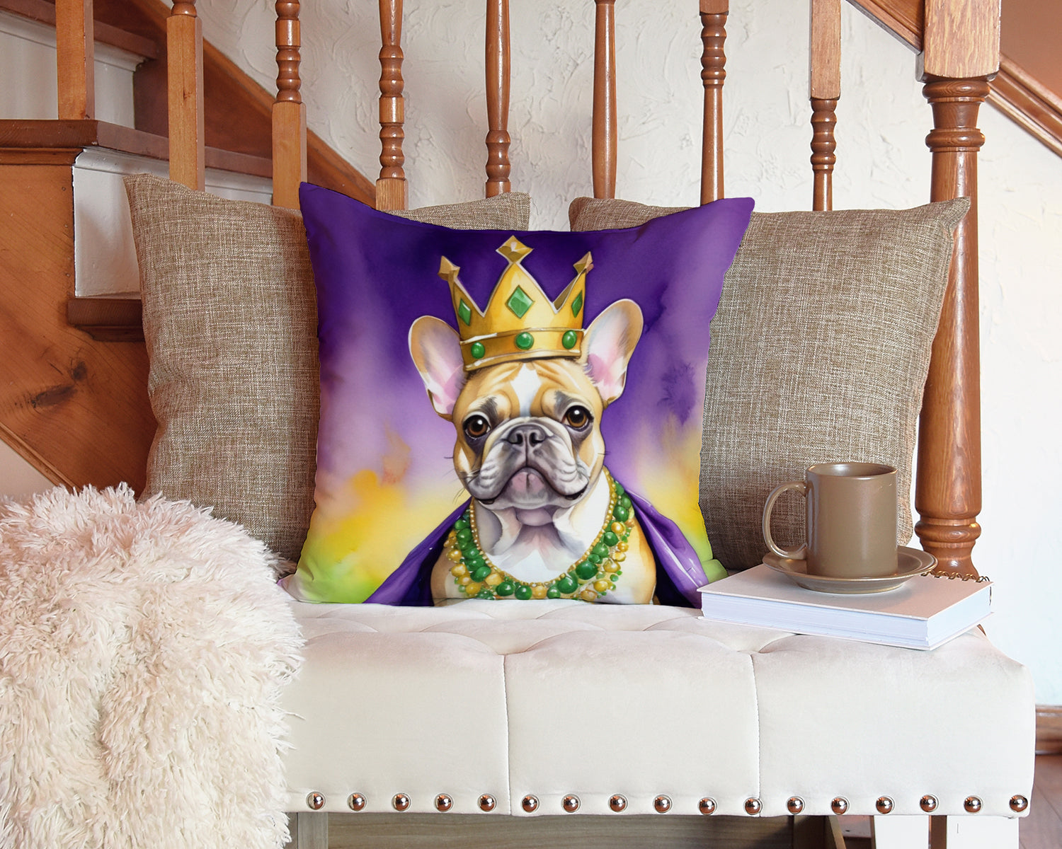 French Bulldog King of Mardi Gras Decorative Throw Pillow 14x14 Indoor Outdoor Accent Cushion, Fabric Cover with Insert for Sofa, Bed, Porch & Living Room