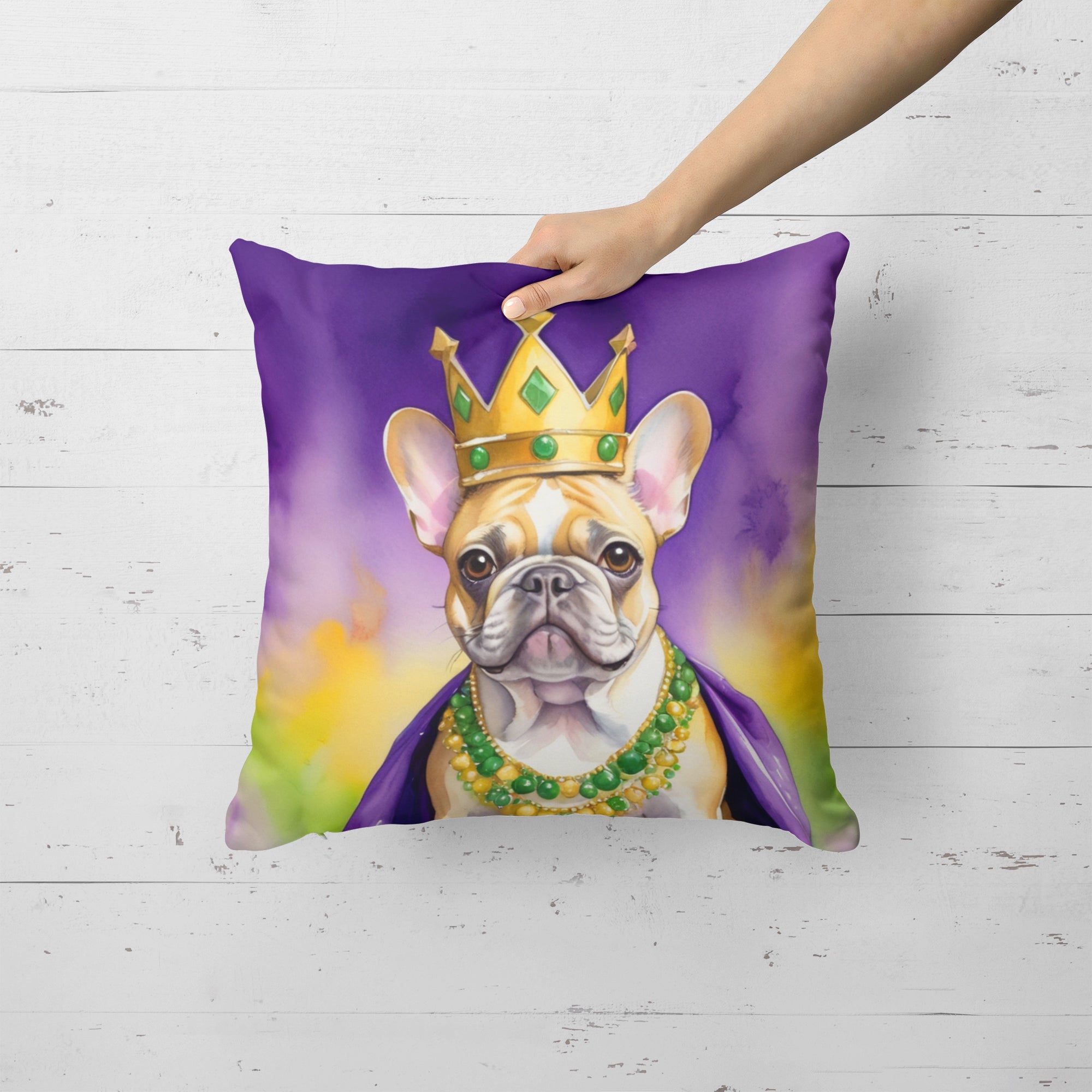 French Bulldog King of Mardi Gras Decorative Throw Pillow 18x18 Indoor Outdoor Accent Cushion, Fabric Cover with Insert for Sofa, Bed, Porch & Living Room