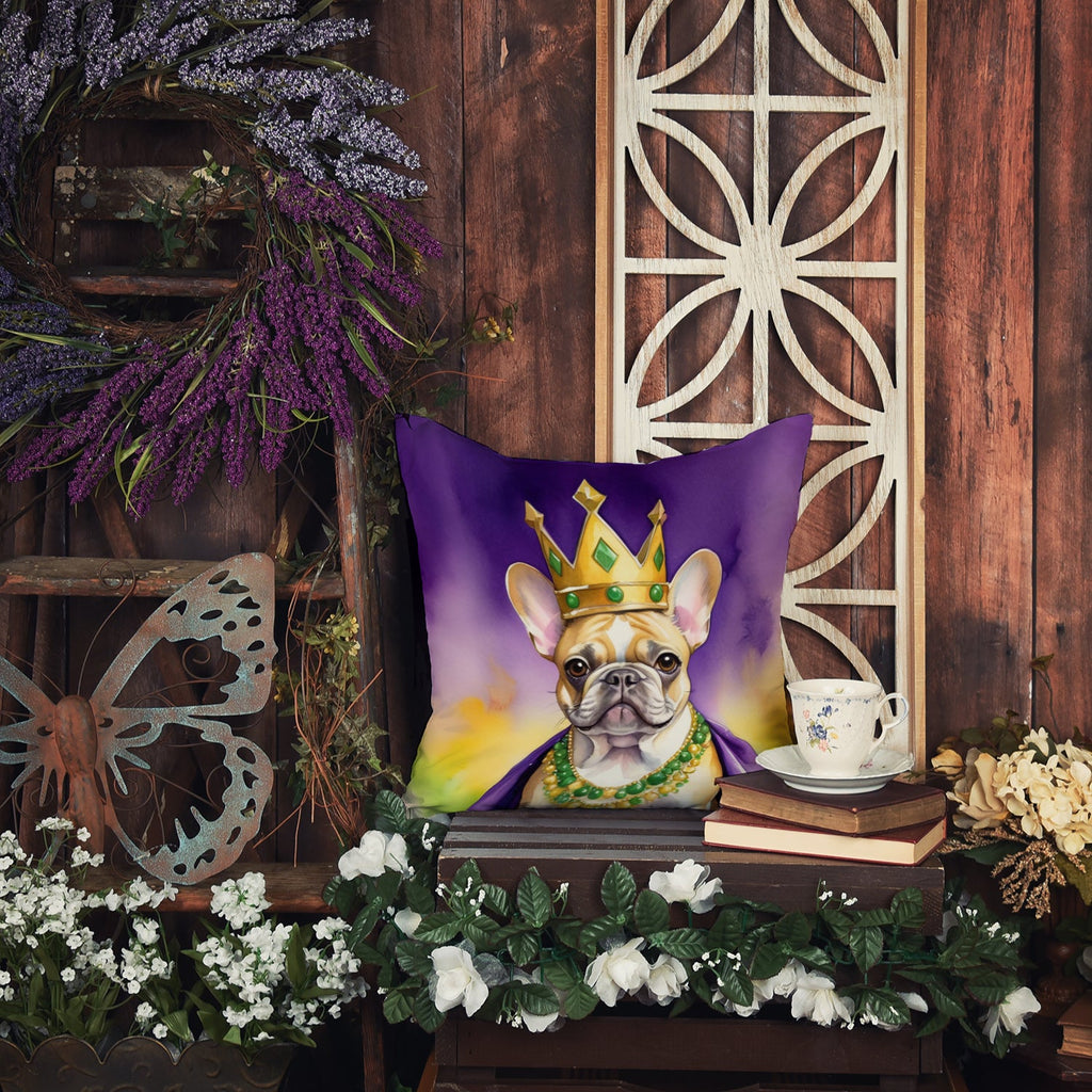 French Bulldog King of Mardi Gras Decorative Throw Pillow 18x18 Indoor Outdoor Accent Cushion, Fabric Cover with Insert for Sofa, Bed, Porch & Living Room
