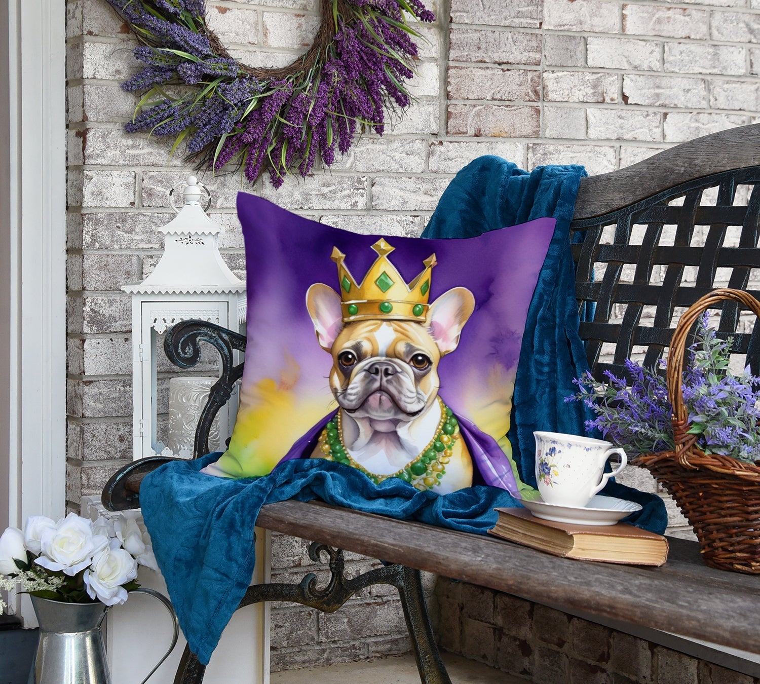 French Bulldog King of Mardi Gras Decorative Throw Pillow 18x18 Indoor Outdoor Accent Cushion, Fabric Cover with Insert for Sofa, Bed, Porch & Living Room