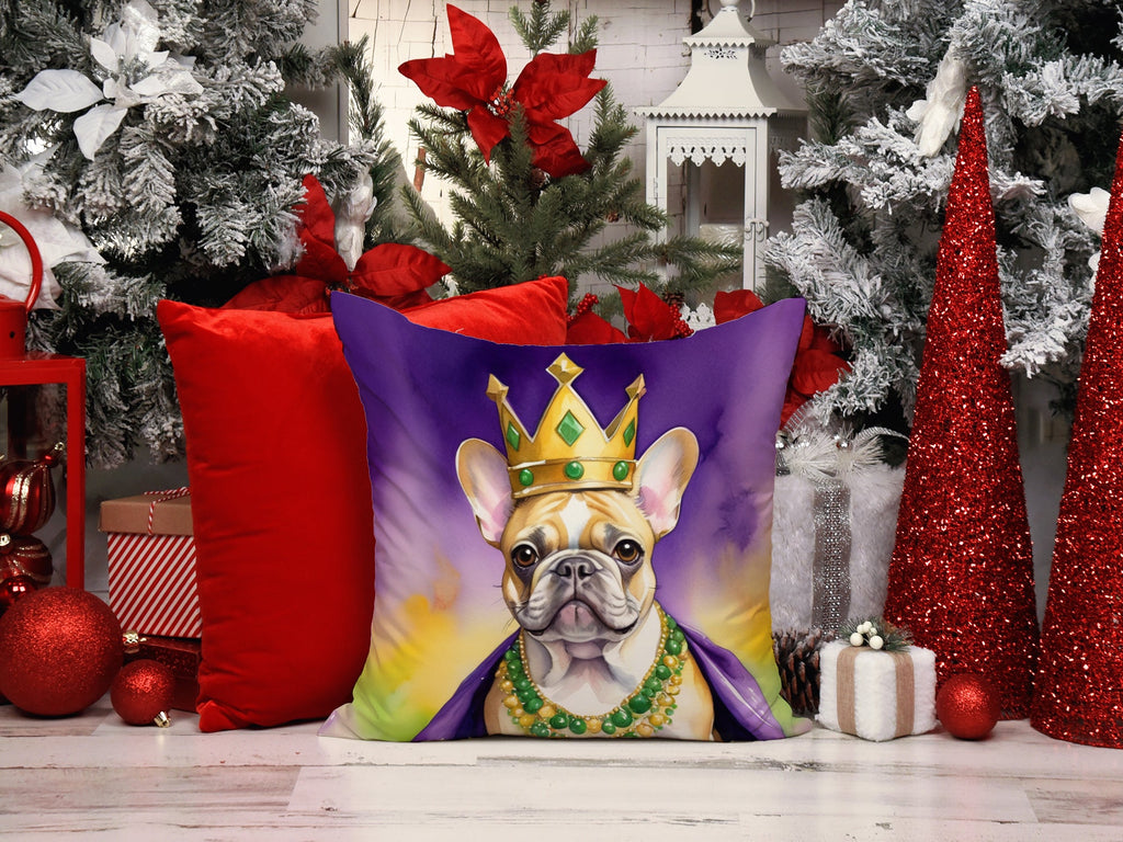 French Bulldog King of Mardi Gras Decorative Throw Pillow 18x18 Indoor Outdoor Accent Cushion, Fabric Cover with Insert for Sofa, Bed, Porch & Living Room