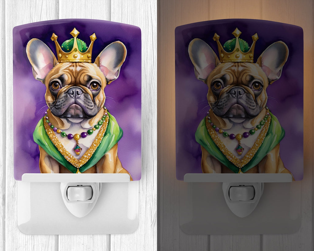 French Bulldog King of Mardi Gras Ceramic Night Light Compact, UL-Certified, Ideal for Bedroom, Bathroom, Nursery, Hallway, Kitchen, 6x4x3, Multicolor