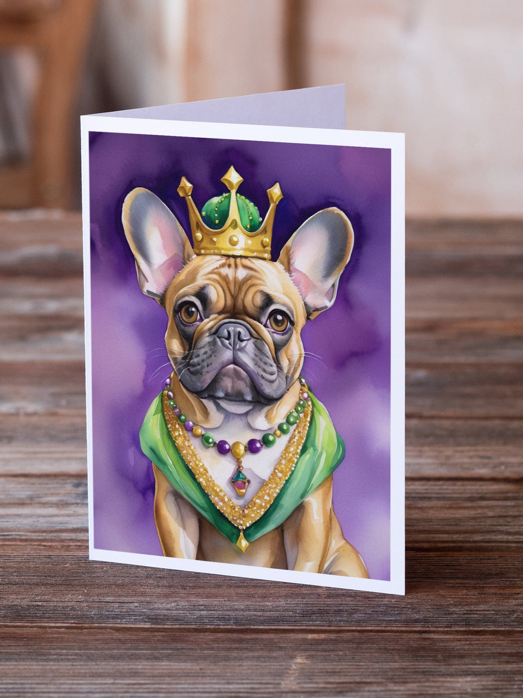 French Bulldog King of Mardi Gras Greeting Cards Pack of 8 Blank Cards with Envelopes Whimsical A7 Size 5x7