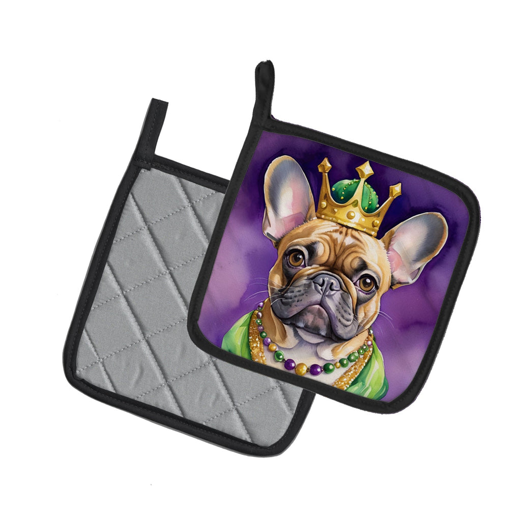 French Bulldog King of Mardi Gras Pot Holder Set of 2 Heat Resistant Quilted Hot Pads 7.5 x 7.5 Inch, Insulated Kitchen Trivets for Cooking & Baking