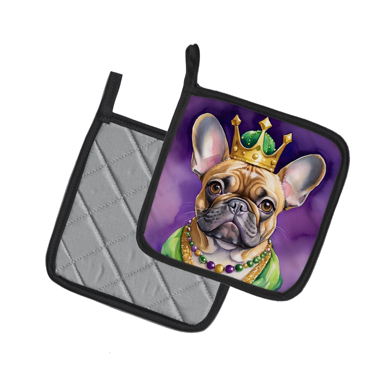 French Bulldog King of Mardi Gras Pot Holder Set of 2 Heat Resistant Quilted Hot Pads 7.5 x 7.5 Inch, Insulated Kitchen Trivets for Cooking & Baking