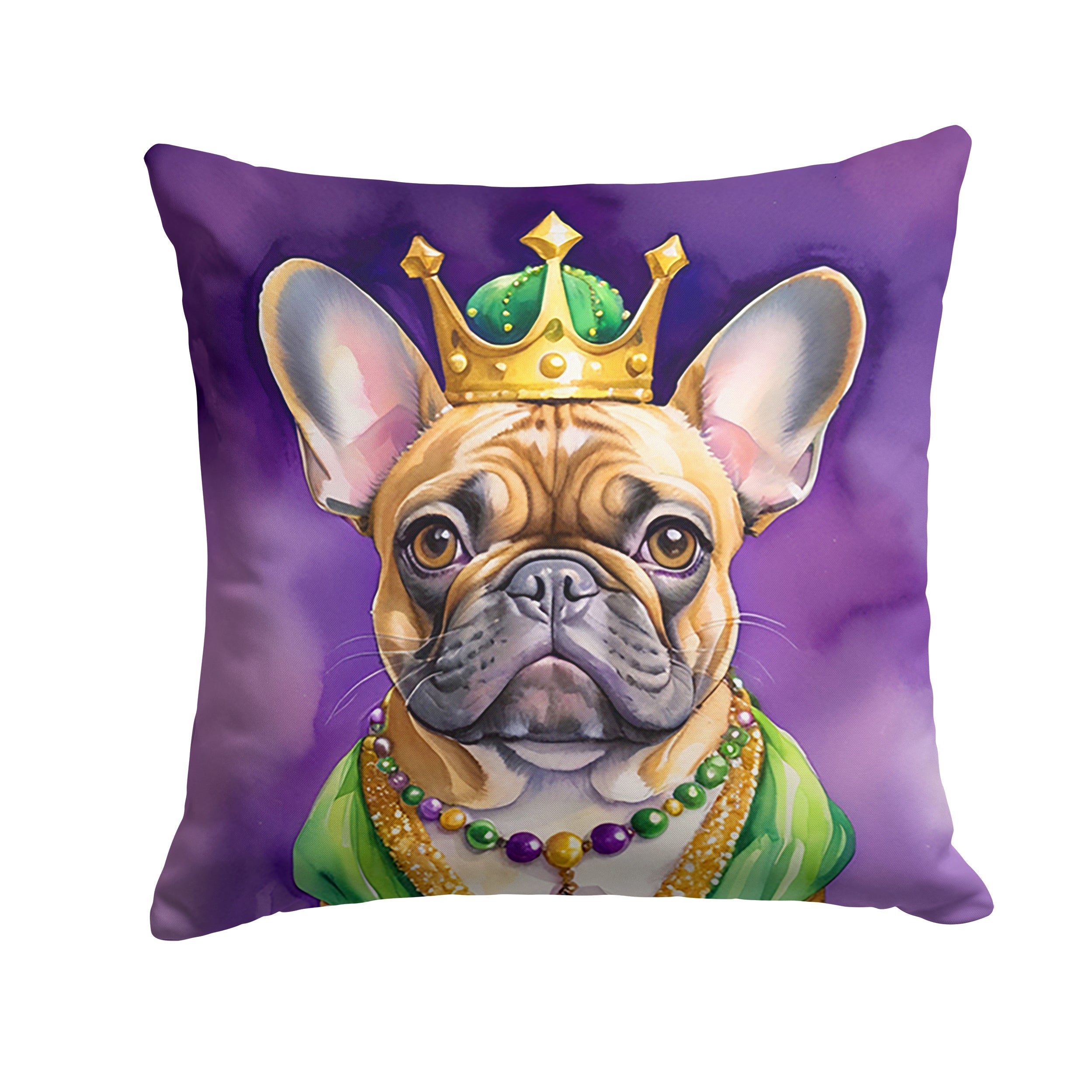 French Bulldog King of Mardi Gras Decorative Throw Pillow 14x14 Indoor Outdoor Accent Cushion, Fabric Cover with Insert for Sofa, Bed, Porch & Living Room