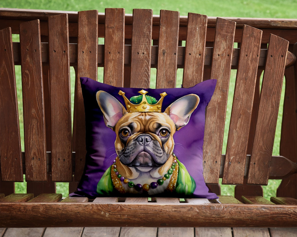 French Bulldog King of Mardi Gras Decorative Throw Pillow 14x14 Indoor Outdoor Accent Cushion, Fabric Cover with Insert for Sofa, Bed, Porch & Living Room