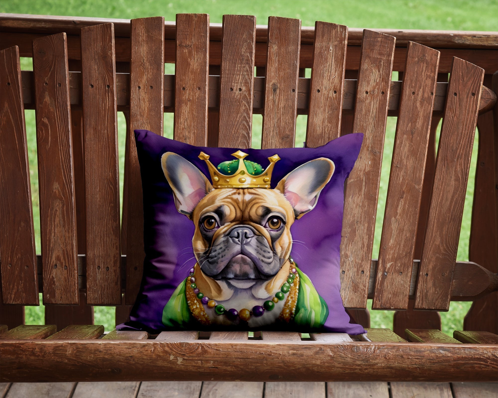 French Bulldog King of Mardi Gras Decorative Throw Pillow 14x14 Indoor Outdoor Accent Cushion, Fabric Cover with Insert for Sofa, Bed, Porch & Living Room