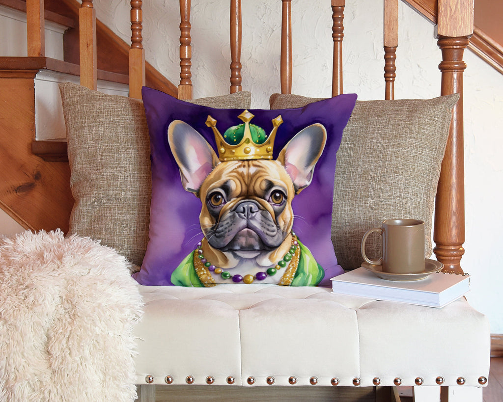 French Bulldog King of Mardi Gras Decorative Throw Pillow 14x14 Indoor Outdoor Accent Cushion, Fabric Cover with Insert for Sofa, Bed, Porch & Living Room