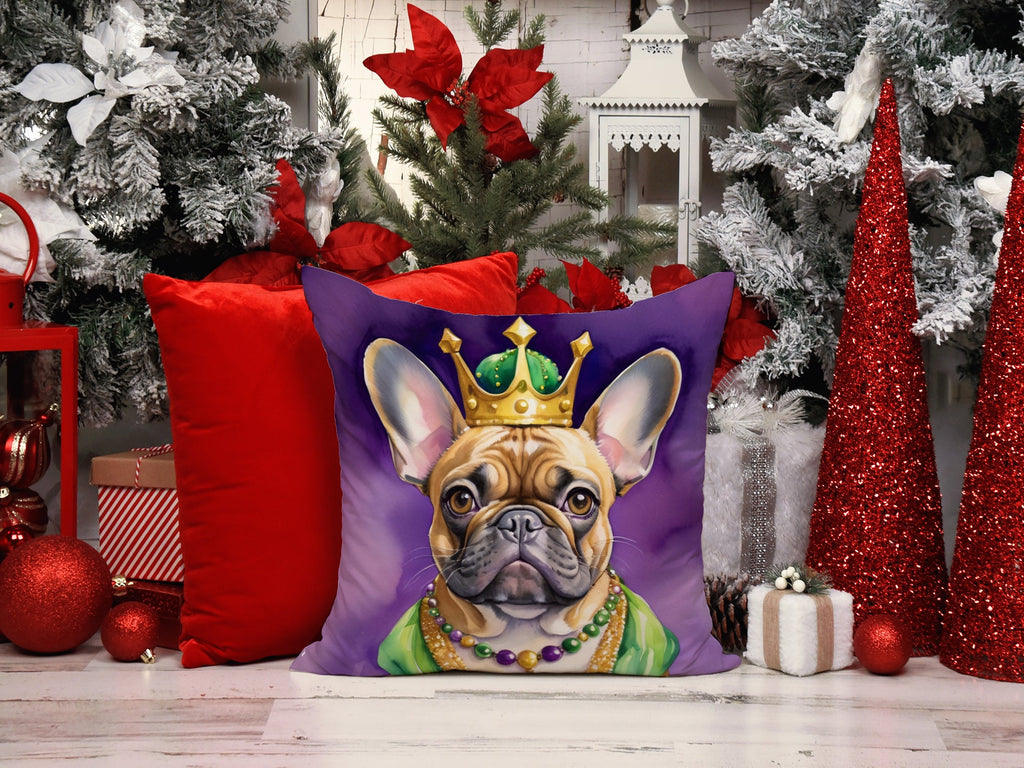 French Bulldog King of Mardi Gras Decorative Throw Pillow 14x14 Indoor Outdoor Accent Cushion, Fabric Cover with Insert for Sofa, Bed, Porch & Living Room