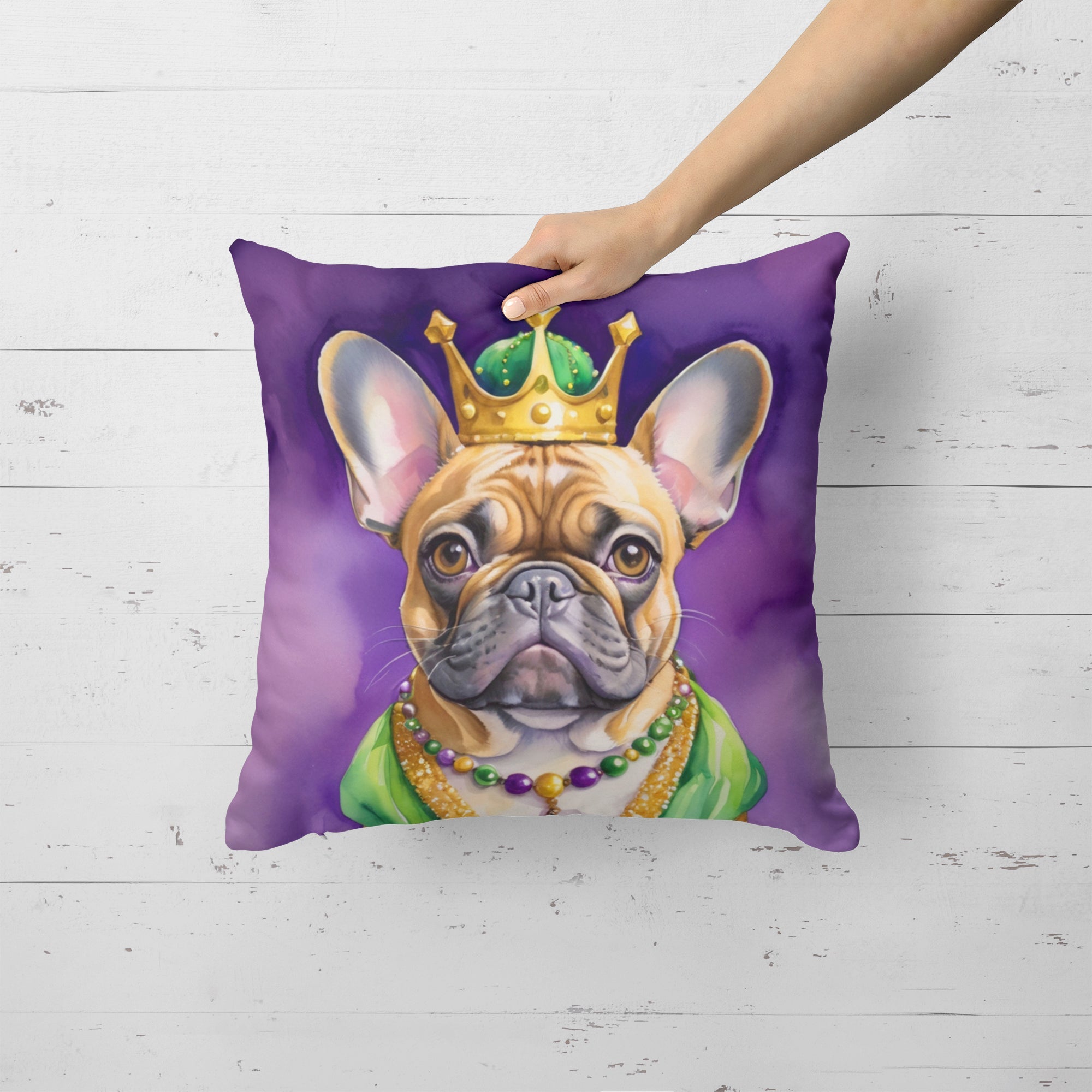 French Bulldog King of Mardi Gras Decorative Throw Pillow 18x18 Indoor Outdoor Accent Cushion, Fabric Cover with Insert for Sofa, Bed, Porch & Living Room
