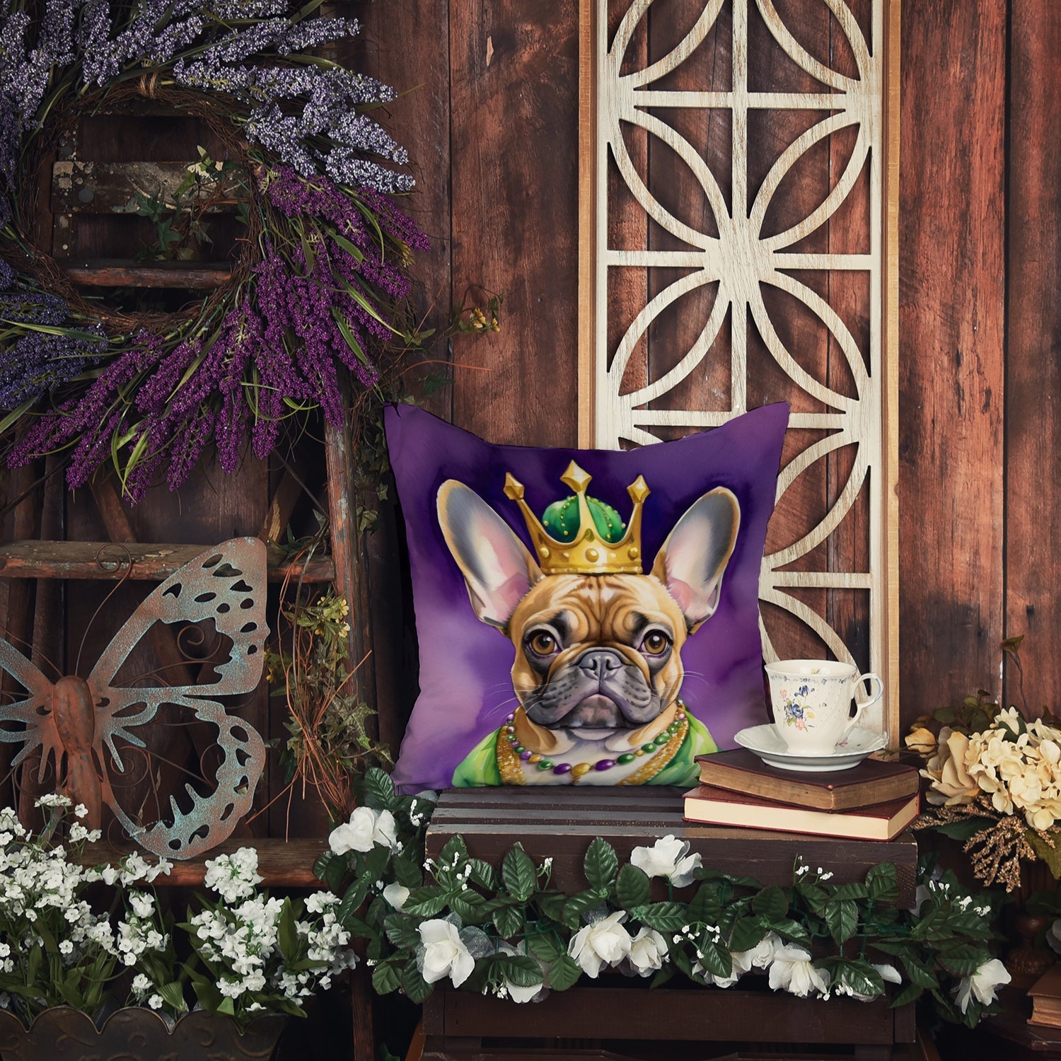 French Bulldog King of Mardi Gras Decorative Throw Pillow 18x18 Indoor Outdoor Accent Cushion, Fabric Cover with Insert for Sofa, Bed, Porch & Living Room